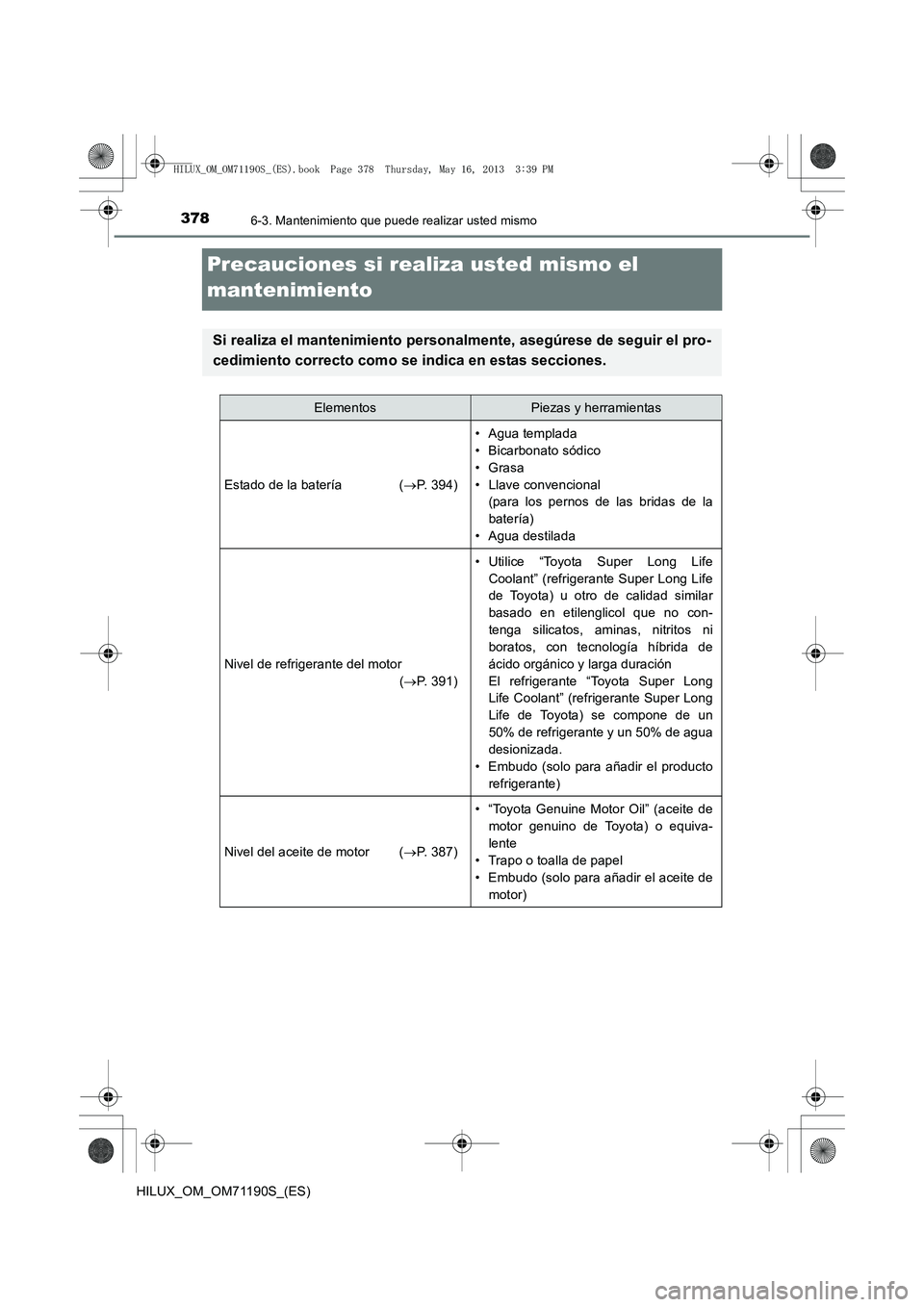 TOYOTA HILUX 2014  Manuale de Empleo (in Spanish) 3786-3. Mantenimiento que puede realizar usted mismo
HILUX_OM_OM71190S_(ES)
Precauciones si realiza usted mismo el 
mantenimiento
Si realiza el mantenimiento personalmente, asegúrese de seguir el pro
