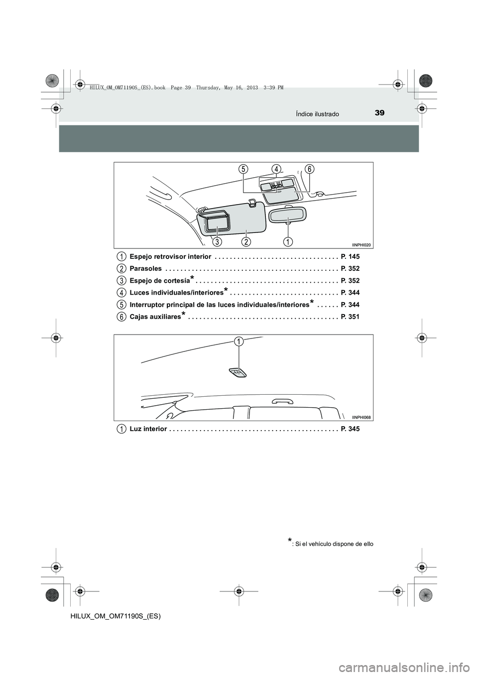 TOYOTA HILUX 2014  Manuale de Empleo (in Spanish) 39Índice ilustrado
HILUX_OM_OM71190S_(ES)Espejo retrovisor interior  . . . . . . . . . . . . . . . . . . . . . . . . . . . . . . . . .  P. 145
Parasoles  . . . . . . . . . . . . . . . . . . . . . . .