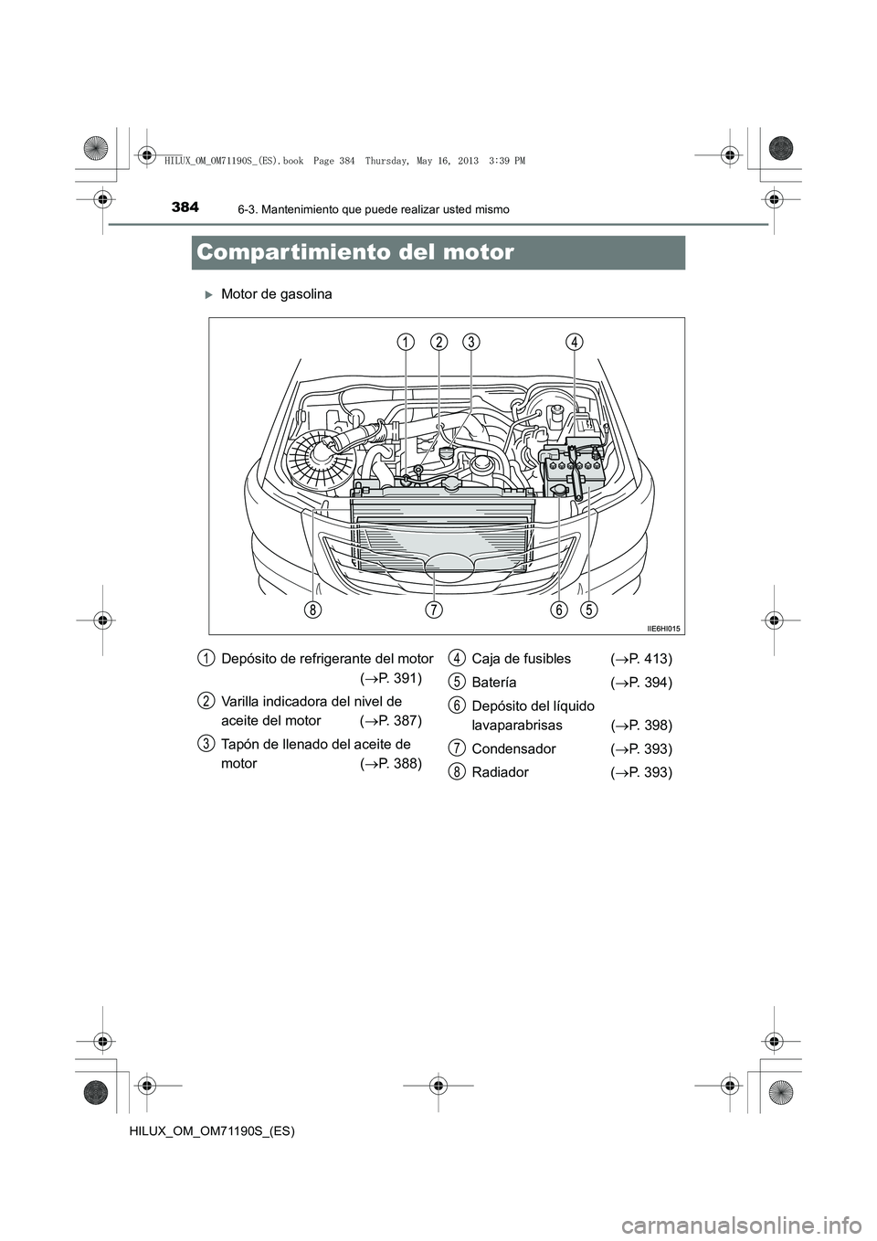 TOYOTA HILUX 2014  Manuale de Empleo (in Spanish) 3846-3. Mantenimiento que puede realizar usted mismo
HILUX_OM_OM71190S_(ES)
Compar timiento del motor
�XMotor de gasolina
Depósito de refrigerante del motor (→ P. 391)
Varilla indicadora del nivel 