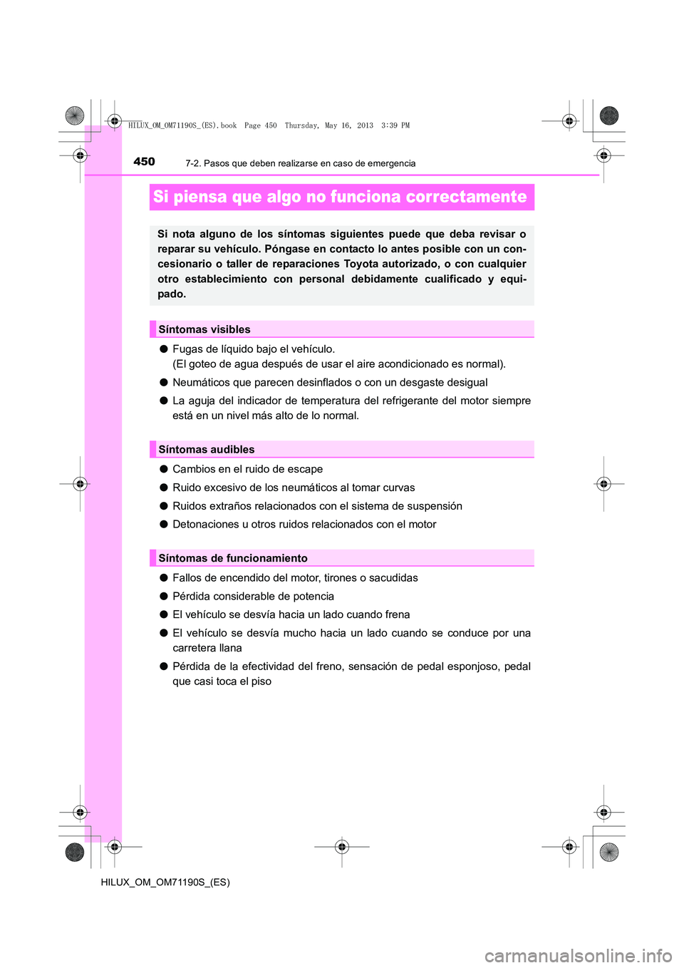 TOYOTA HILUX 2014  Manuale de Empleo (in Spanish) 4507-2. Pasos que deben realizarse en caso de emergencia
HILUX_OM_OM71190S_(ES)
Si piensa que algo no funciona correctamente
●Fugas de líquido bajo el vehículo. 
(El goteo de agua después de usar