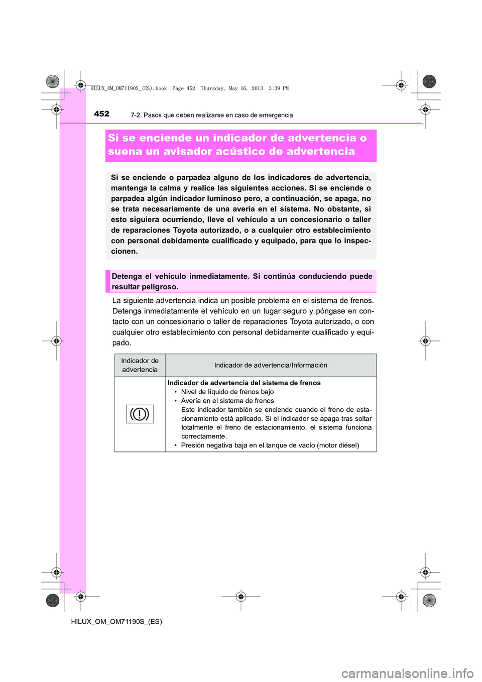 TOYOTA HILUX 2014 Manuale de Empleo (in Spanish) 4527-2. Pasos que deben realizarse en caso de emergencia
HILUX_OM_OM71190S_(ES)
Si se enciende un indicador de adver tencia o
suena un avisador acústico de advertencia
La siguiente advertencia indic TOYOTA HILUX 2014 Manuale de Empleo (in Spanish) 4527-2. Pasos que deben realizarse en caso de emergencia
HILUX_OM_OM71190S_(ES)
Si se enciende un indicador de adver tencia o
suena un avisador acústico de advertencia
La siguiente advertencia indic
