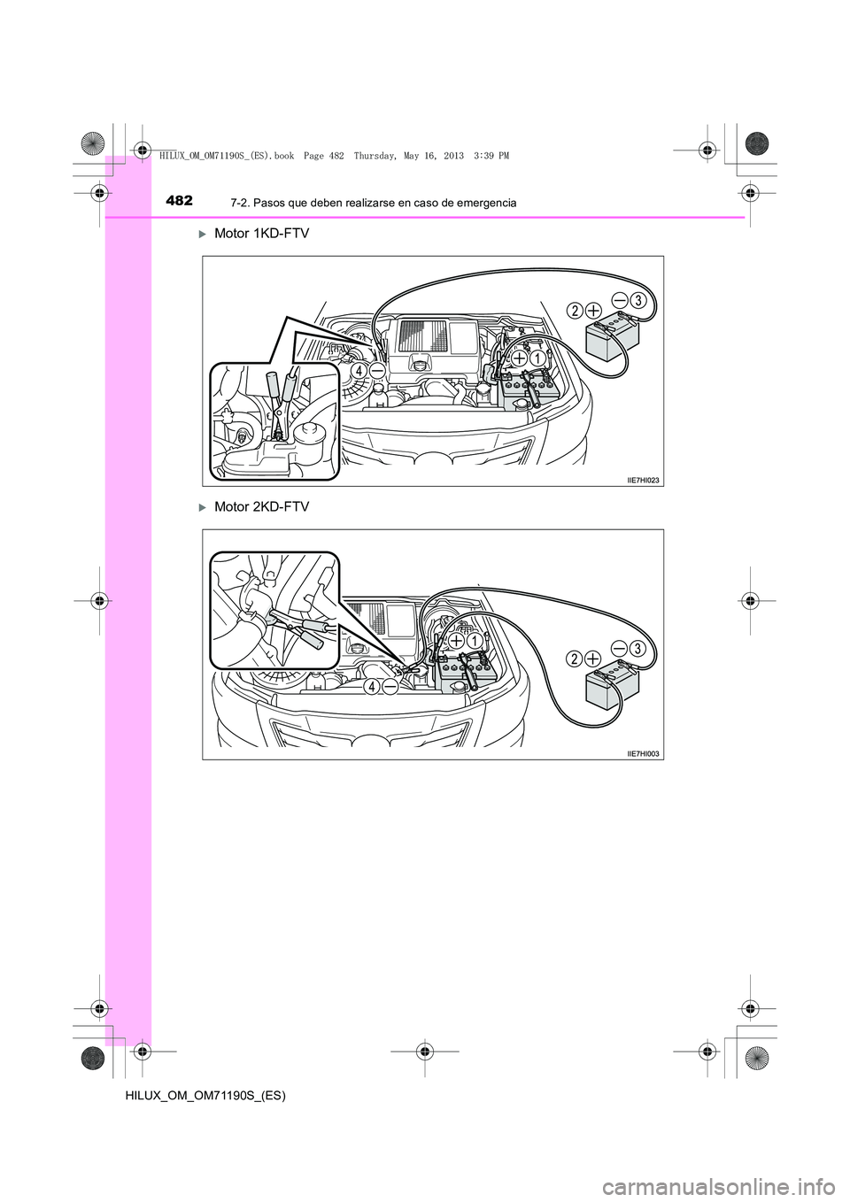 TOYOTA HILUX 2014  Manuale de Empleo (in Spanish) 4827-2. Pasos que deben realizarse en caso de emergencia
HILUX_OM_OM71190S_(ES)
�XMotor 1KD-FTV
�XMotor 2KD-FTV
HILUX_OM_OM71190S_(ES).book  Page 482  Thursday, May 16, 2013  3:39 PM 