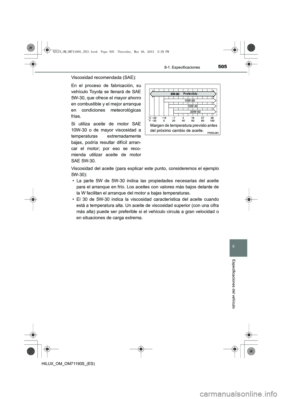 TOYOTA HILUX 2014  Manuale de Empleo (in Spanish) 505
8
8-1. Especificaciones
Especificaciones del vehículo
HILUX_OM_OM71190S_(ES)
Viscosidad recomendada (SAE):
En el proceso de fabricación, su
vehículo Toyota se llenará de SAE
5W-30, que ofrece 