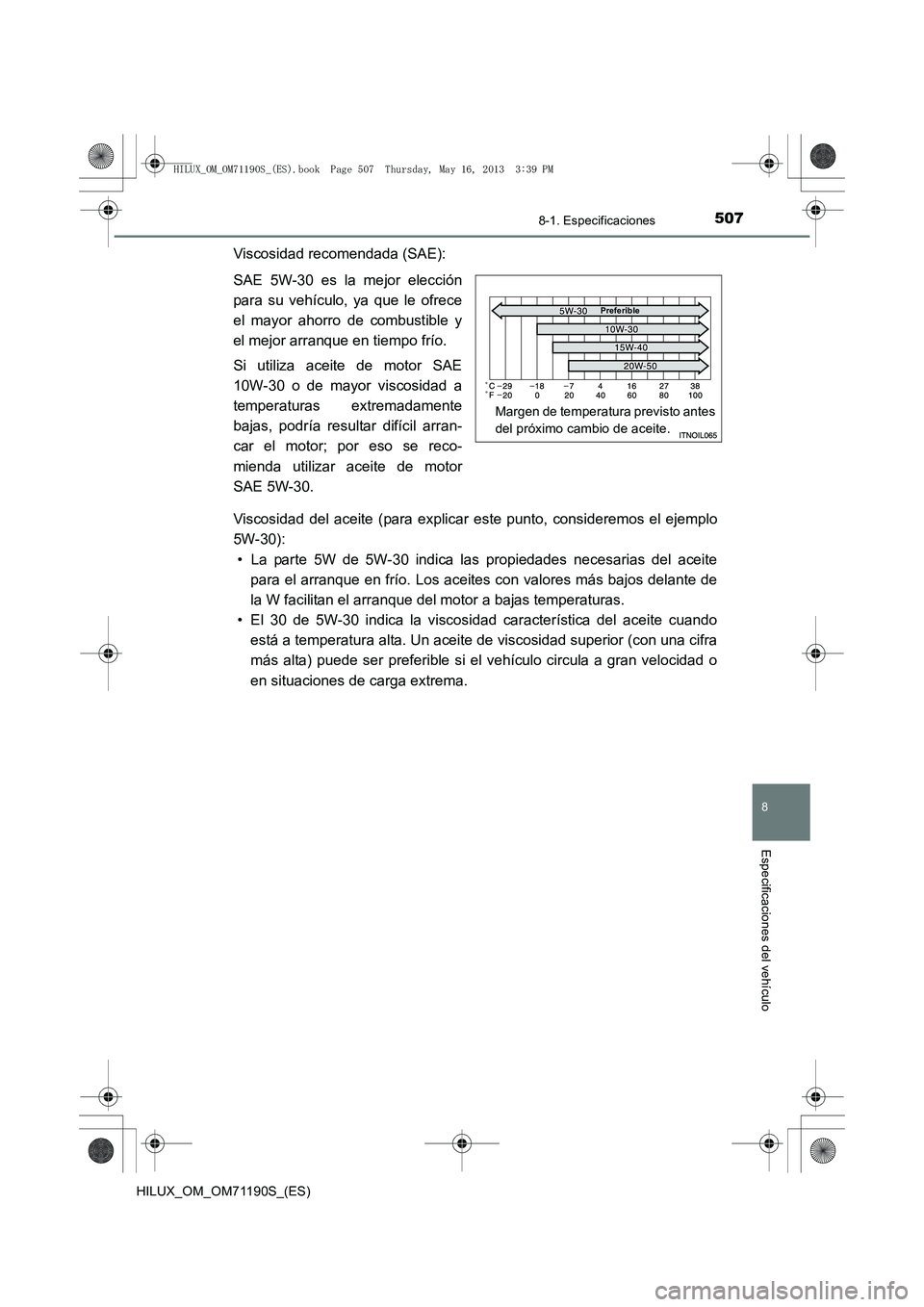 TOYOTA HILUX 2014  Manuale de Empleo (in Spanish) 507
8
8-1. Especificaciones
Especificaciones del vehículo
HILUX_OM_OM71190S_(ES)
Viscosidad recomendada (SAE):
SAE 5W-30 es la mejor elección
para su vehículo, ya que le ofrece
el mayor ahorro de c