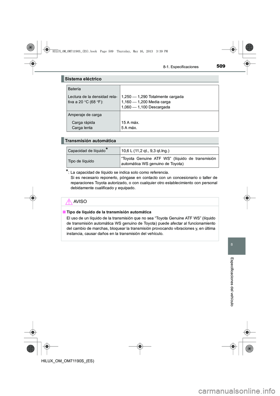 TOYOTA HILUX 2014  Manuale de Empleo (in Spanish) 509
8
8-1. Especificaciones
Especificaciones del vehículo
HILUX_OM_OM71190S_(ES)
*: La capacidad de líquido se indica solo como referencia. Si es necesario reponerlo, póngase en contacto con un con
