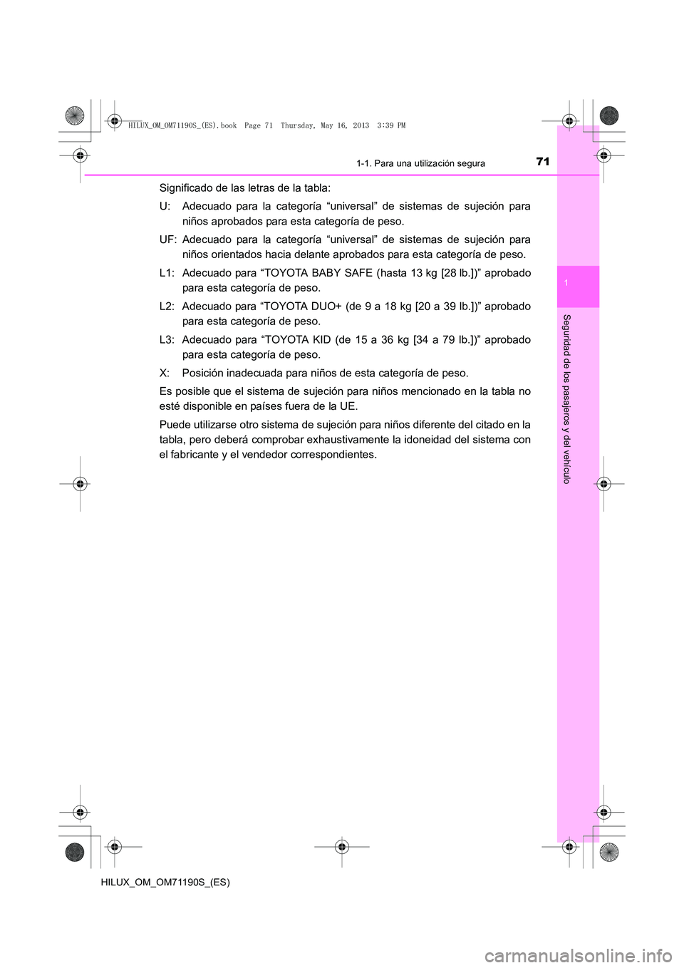 TOYOTA HILUX 2014 Manuale de Empleo (in Spanish) 711-1. Para una utilización segura
1
HILUX_OM_OM71190S_(ES)
Seguridad de los pasajeros y del vehículo
Significado de las letras de la tabla:
U: Adecuado para la categoría “universal” de sistema TOYOTA HILUX 2014 Manuale de Empleo (in Spanish) 711-1. Para una utilización segura
1
HILUX_OM_OM71190S_(ES)
Seguridad de los pasajeros y del vehículo
Significado de las letras de la tabla:
U: Adecuado para la categoría “universal” de sistema