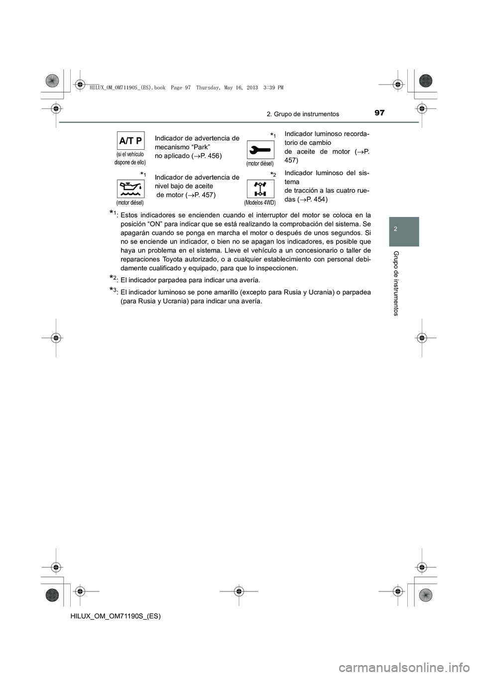 TOYOTA HILUX 2014  Manuale de Empleo (in Spanish) 972. Grupo de instrumentos
2
Grupo de instrumentos
HILUX_OM_OM71190S_(ES)
*1: Estos indicadores se encienden cuando el interruptor del motor se coloca en laposición “ON” para indicar que se está