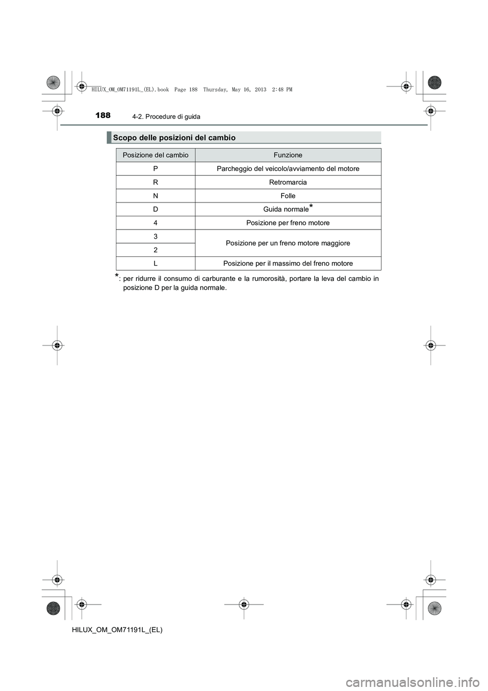 TOYOTA HILUX 2014  Manuale duso (in Italian) 1884-2. Procedure di guida
HILUX_OM_OM71191L_(EL)
*: per ridurre il consumo di carburante e la rumorosità, portare la leva del cambio inposizione D per la guida normale.
Scopo delle posizioni del cam