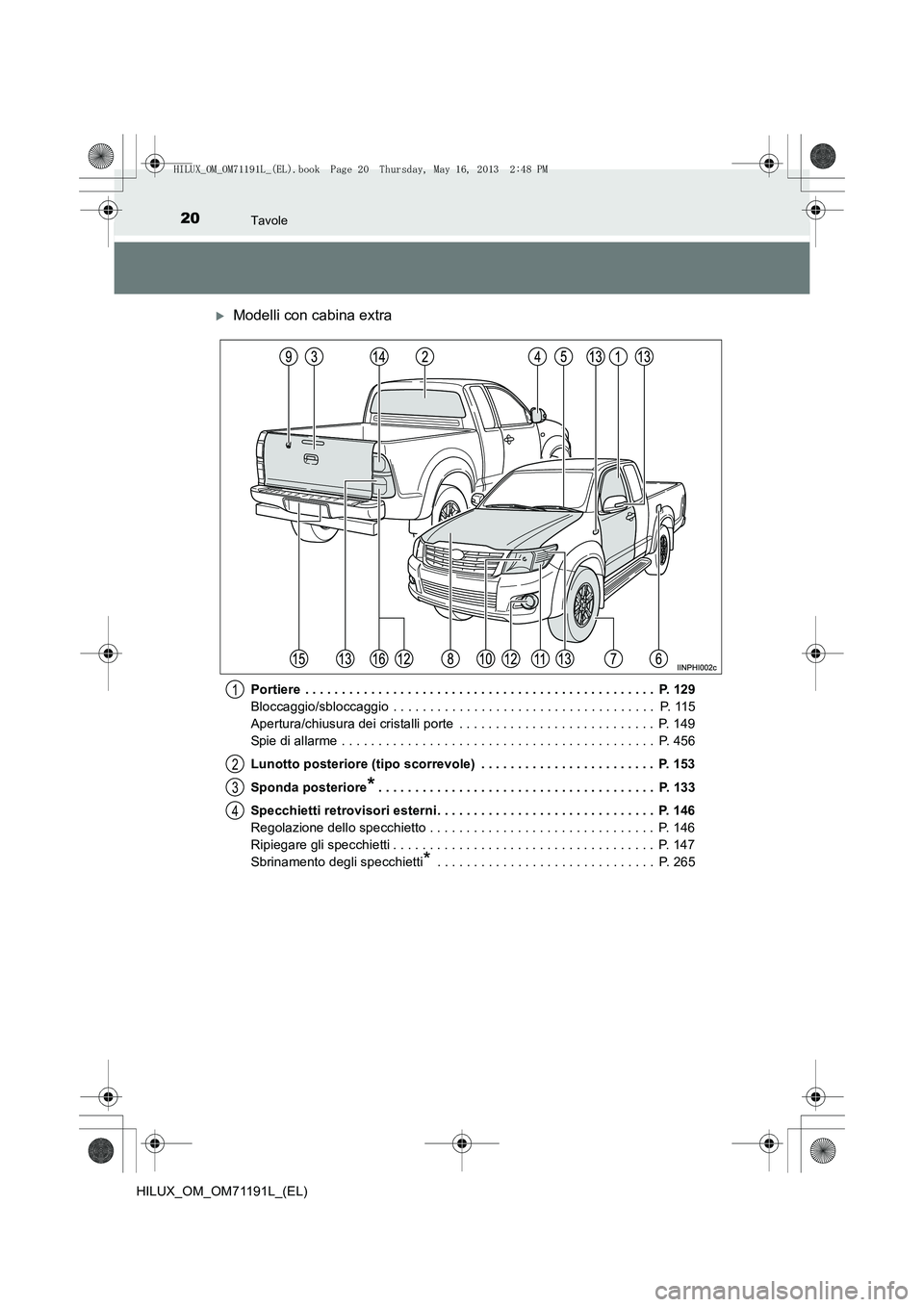 TOYOTA HILUX 2014  Manuale duso (in Italian) 20Tavole
HILUX_OM_OM71191L_(EL)
�XModelli con cabina extra
Portiere  . . . . . . . . . . . . . . . . . . . . . . . . . . . . . . . . . . . . . . . . . . . . . . . .  P. 129
Bloccaggio/sbloccaggio  . .