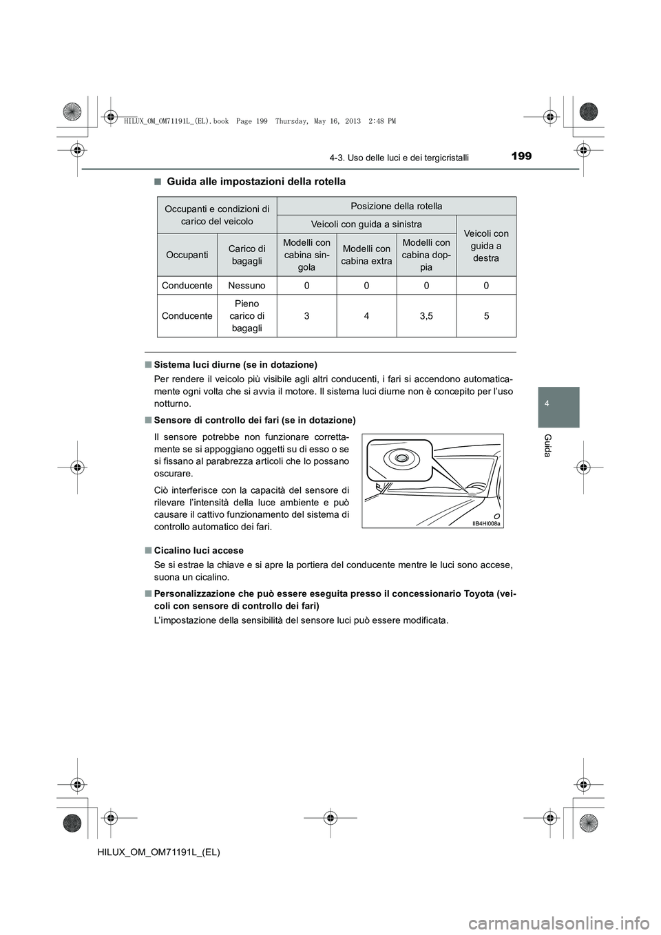 TOYOTA HILUX 2014  Manuale duso (in Italian) 1994-3. Uso delle luci e dei tergicristalli
4
Guida
HILUX_OM_OM71191L_(EL)■
Guida alle impostazioni della rotella
■
Sistema luci diurne (se in dotazione)
Per rendere il veicolo più visibile agli 