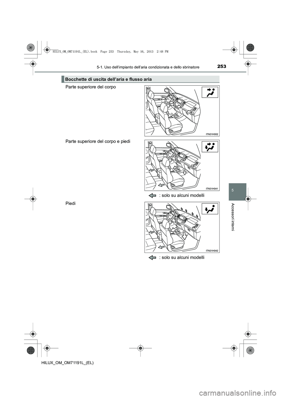 TOYOTA HILUX 2014 Manuale duso (in Italian) 2535-1. Uso dell’impianto dell’aria condizionata e dello sbrinatore
5
Accessori interni
HILUX_OM_OM71191L_(EL)
Parte superiore del corpo
Parte superiore del corpo e piedi: solo su alcuni modelli
P TOYOTA HILUX 2014 Manuale duso (in Italian) 2535-1. Uso dell’impianto dell’aria condizionata e dello sbrinatore
5
Accessori interni
HILUX_OM_OM71191L_(EL)
Parte superiore del corpo
Parte superiore del corpo e piedi: solo su alcuni modelli
P