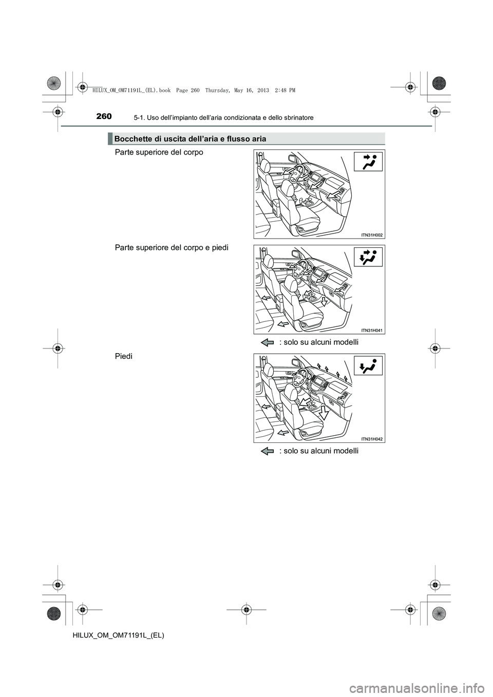 TOYOTA HILUX 2014 Manuale duso (in Italian) 2605-1. Uso dell’impianto dell’aria condizionata e dello sbrinatore
HILUX_OM_OM71191L_(EL)
Parte superiore del corpo
Parte superiore del corpo e piedi: solo su alcuni modelli
Piedi
: solo su alcun TOYOTA HILUX 2014 Manuale duso (in Italian) 2605-1. Uso dell’impianto dell’aria condizionata e dello sbrinatore
HILUX_OM_OM71191L_(EL)
Parte superiore del corpo
Parte superiore del corpo e piedi: solo su alcuni modelli
Piedi
: solo su alcun