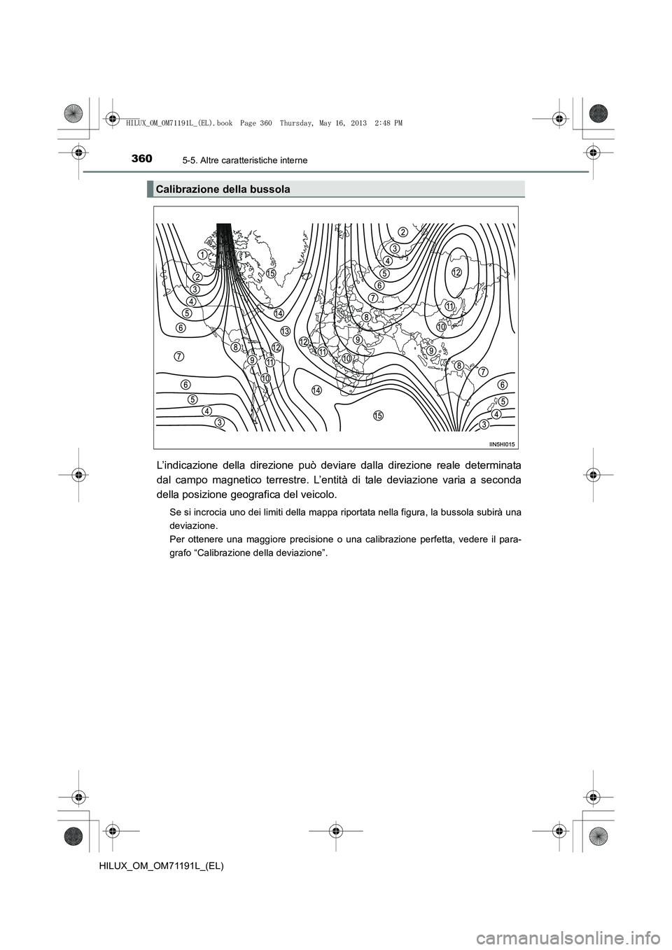 TOYOTA HILUX 2014  Manuale duso (in Italian) 3605-5. Altre caratteristiche interne
HILUX_OM_OM71191L_(EL)
L’indicazione della direzione può deviare dalla direzione reale determinata
dal campo magnetico terrestre. L’entità di tale deviazion