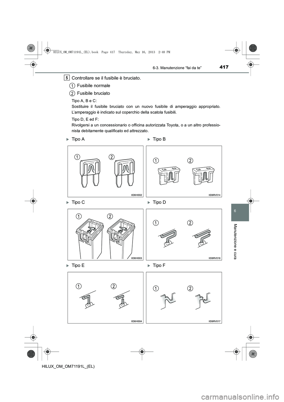 TOYOTA HILUX 2014  Manuale duso (in Italian) 4176-3. Manutenzione “fai da te”
6
Manutenzione e cura
HILUX_OM_OM71191L_(EL)
Controllare se il fusibile è bruciato.Fusibile normale
Fusibile bruciato
Tipo A, B e C: 
Sostituire il fusibile bruci
