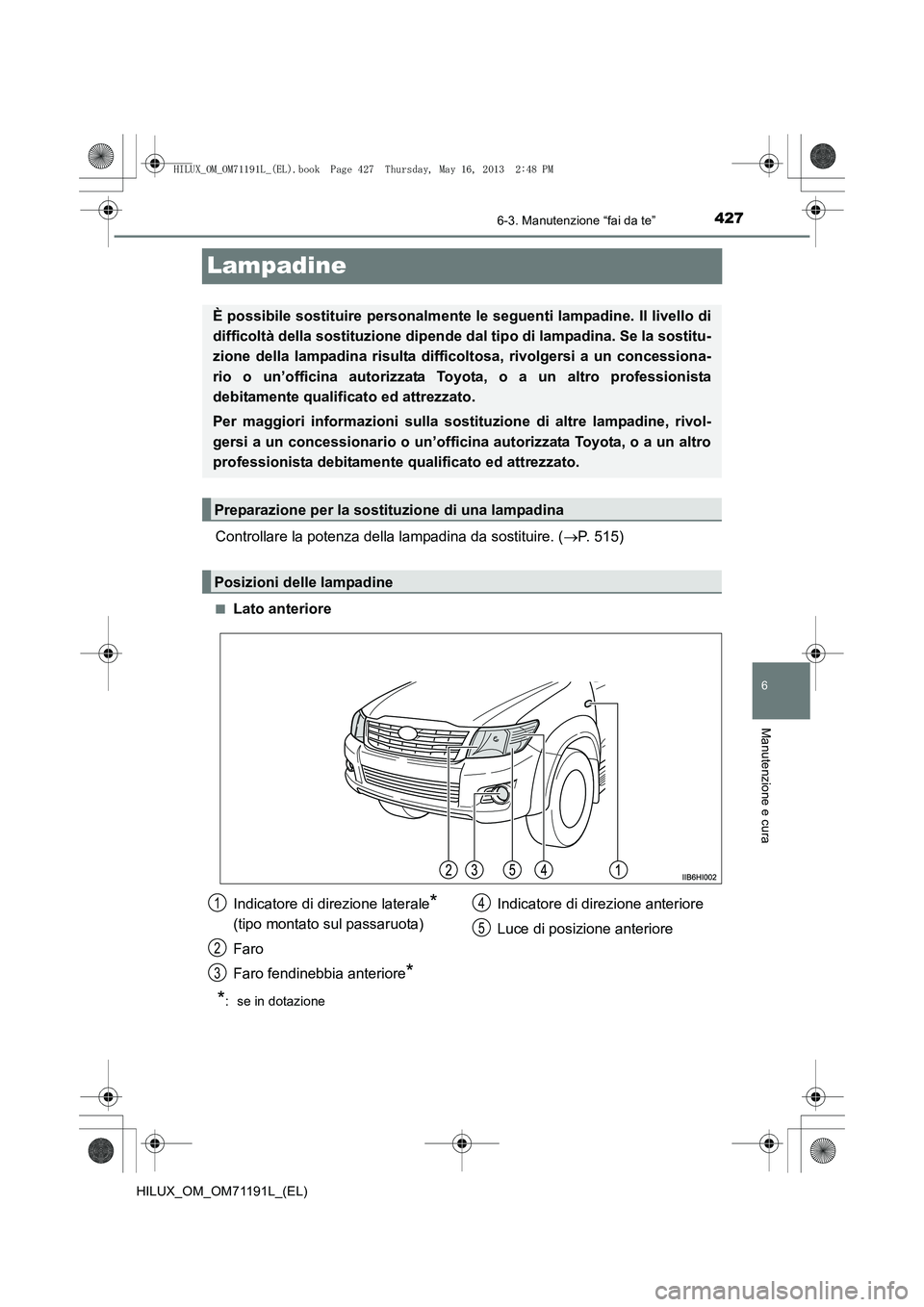TOYOTA HILUX 2014  Manuale duso (in Italian) 427
6
6-3. Manutenzione “fai da te”
Manutenzione e cura
HILUX_OM_OM71191L_(EL)
Lampadine
Controllare la potenza della lampadina da sostituire. (→P. 515)
■Lato anteriore
*:  se in dotazione
È 