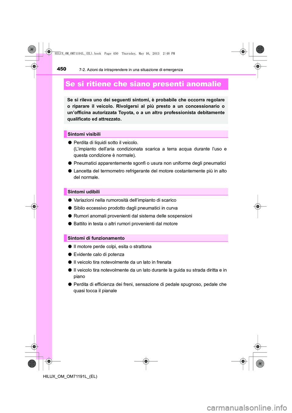 TOYOTA HILUX 2014  Manuale duso (in Italian) 4507-2. Azioni da intraprendere in una situazione di emergenza
HILUX_OM_OM71191L_(EL)
Se si ritiene che siano presenti anomalie
●Perdita di liquidi sotto il veicolo. 
(L’impianto dell’aria condi