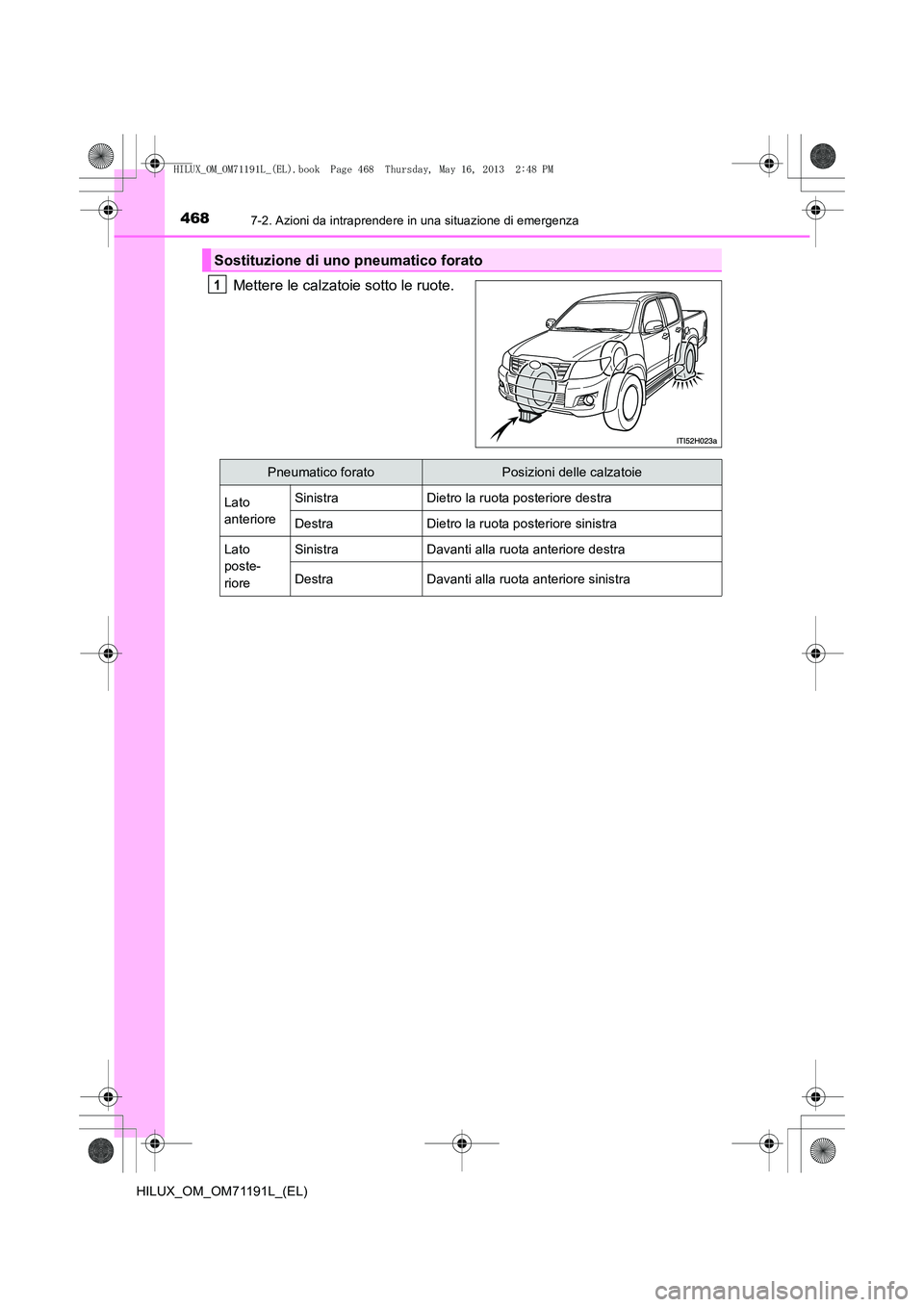 TOYOTA HILUX 2014  Manuale duso (in Italian) 4687-2. Azioni da intraprendere in una situazione di emergenza
HILUX_OM_OM71191L_(EL)
Mettere le calzatoie sotto le ruote.
Sostituzione di uno pneumatico forato
1
Pneumatico foratoPosizioni delle calz