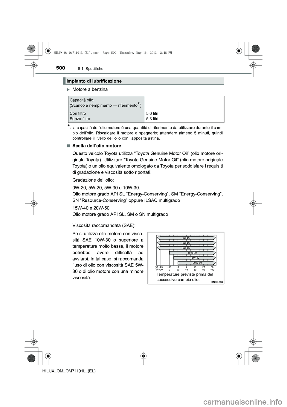 TOYOTA HILUX 2014  Manuale duso (in Italian) 5008-1. Specifiche
HILUX_OM_OM71191L_(EL)
�XMotore a benzina
*: la capacità dell’olio motore è una quantità di riferimento da utilizzare durante il cam-bio dell’olio. Riscaldare il motore e spe