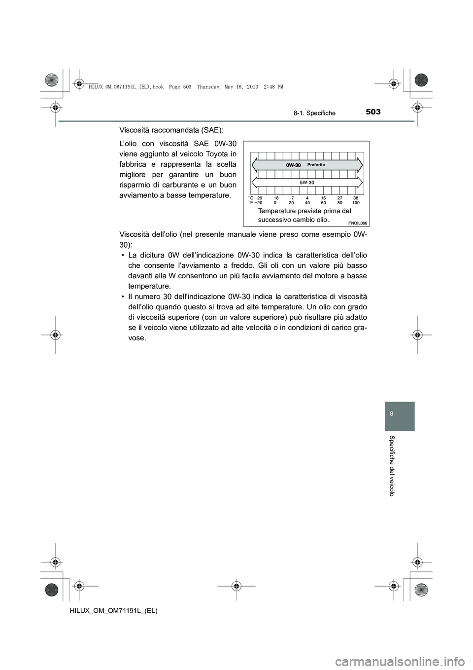 TOYOTA HILUX 2014  Manuale duso (in Italian) 503
8
8-1. Specifiche
Specifiche del veicolo
HILUX_OM_OM71191L_(EL)
Viscosità raccomandata (SAE):
L’olio con viscosità SAE 0W-30
viene aggiunto al veicolo Toyota in
fabbrica e rappresenta la scelt