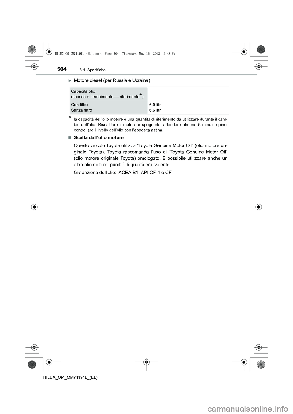TOYOTA HILUX 2014  Manuale duso (in Italian) 5048-1. Specifiche
HILUX_OM_OM71191L_(EL)
�XMotore diesel (per Russia e Ucraina)
*: la capacità dell’olio motore è una quantità di riferimento da utilizzare durante il cam-bio dell’olio. Riscal