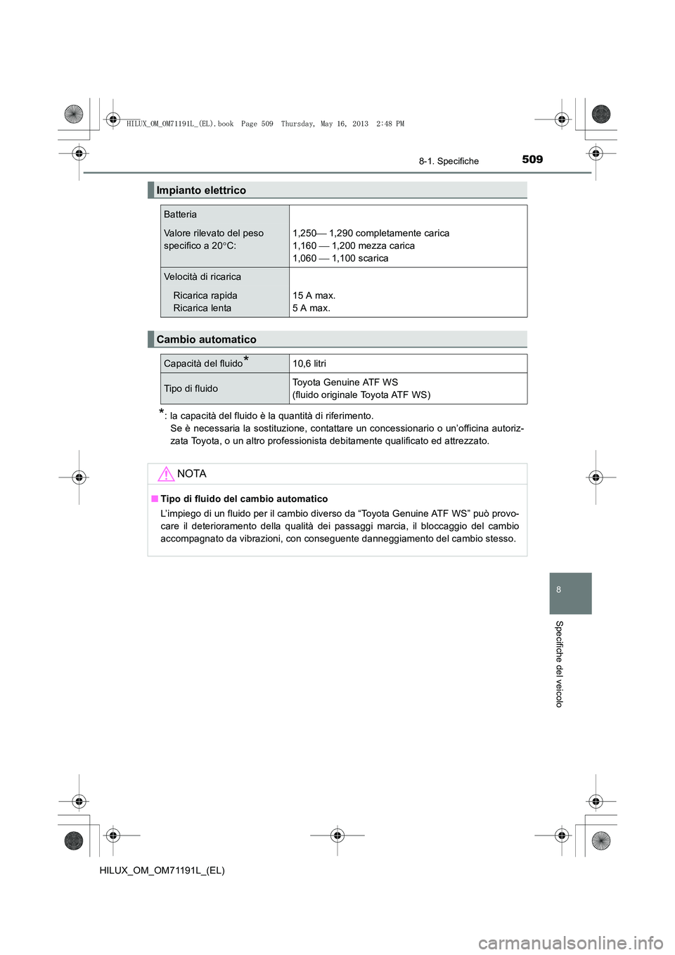 TOYOTA HILUX 2014  Manuale duso (in Italian) 509
8
8-1. Specifiche
Specifiche del veicolo
HILUX_OM_OM71191L_(EL)
*: la capacità del fluido è la quantità di riferimento. Se è necessaria la sostituzione, contattare un concessionario o un’off