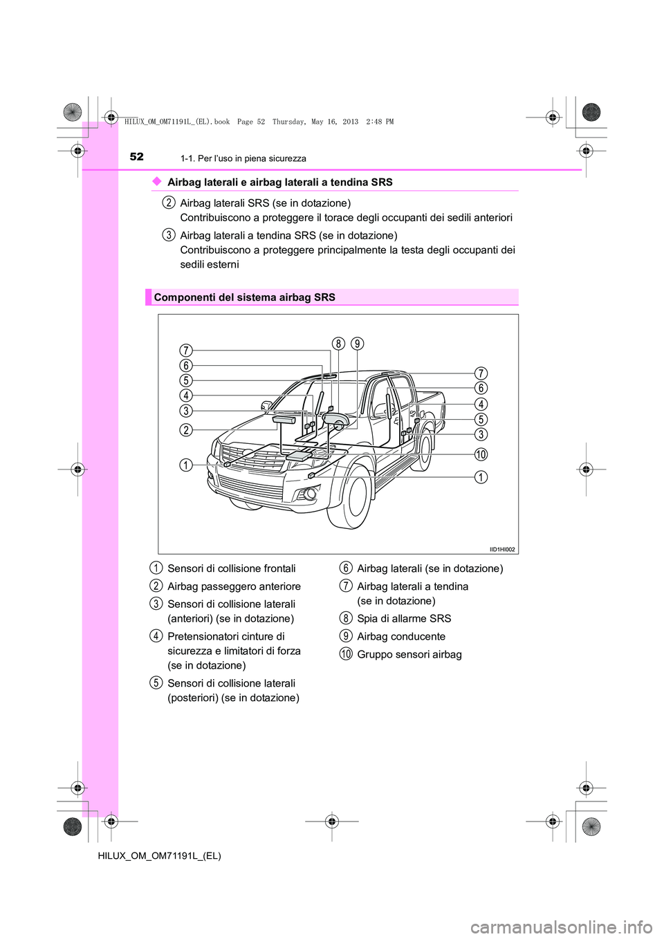 TOYOTA HILUX 2014  Manuale duso (in Italian) 521-1. Per l’uso in piena sicurezza
HILUX_OM_OM71191L_(EL)
◆Airbag laterali e airbag laterali a tendina SRSAirbag laterali SRS (se in dotazione) 
Contribuiscono a proteggere il torace degli occupa