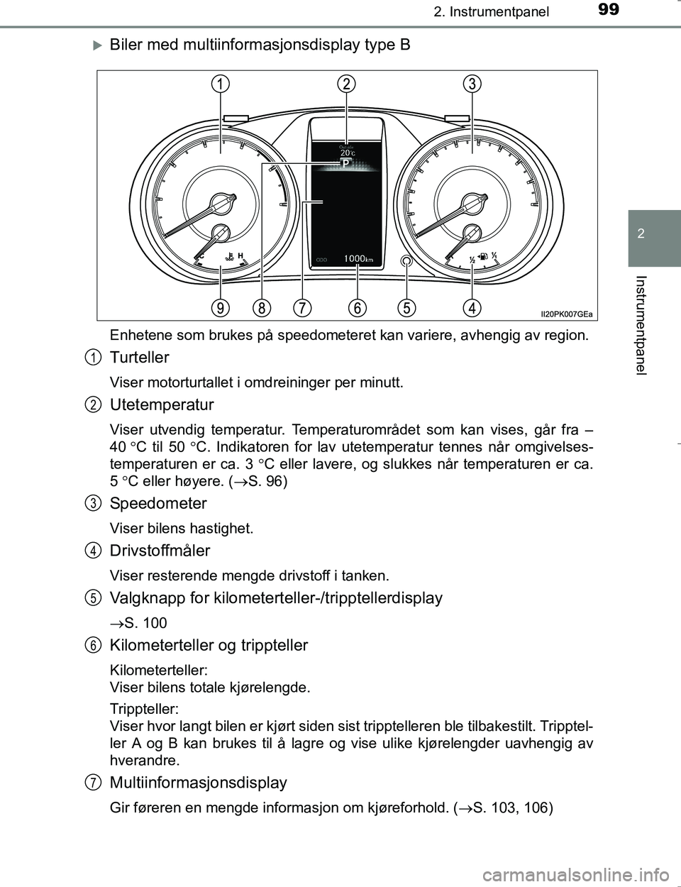 TOYOTA HILUX 2016  Instruksjoner for bruk (in Norwegian) 992. Instrumentpanel
2
Instrumentpanel
OM0K196E
Biler med multiinformasjonsdisplay type B
Enhetene som brukes på speedometeret kan variere, avhengig av region.
Turteller
Viser motorturtallet i omd