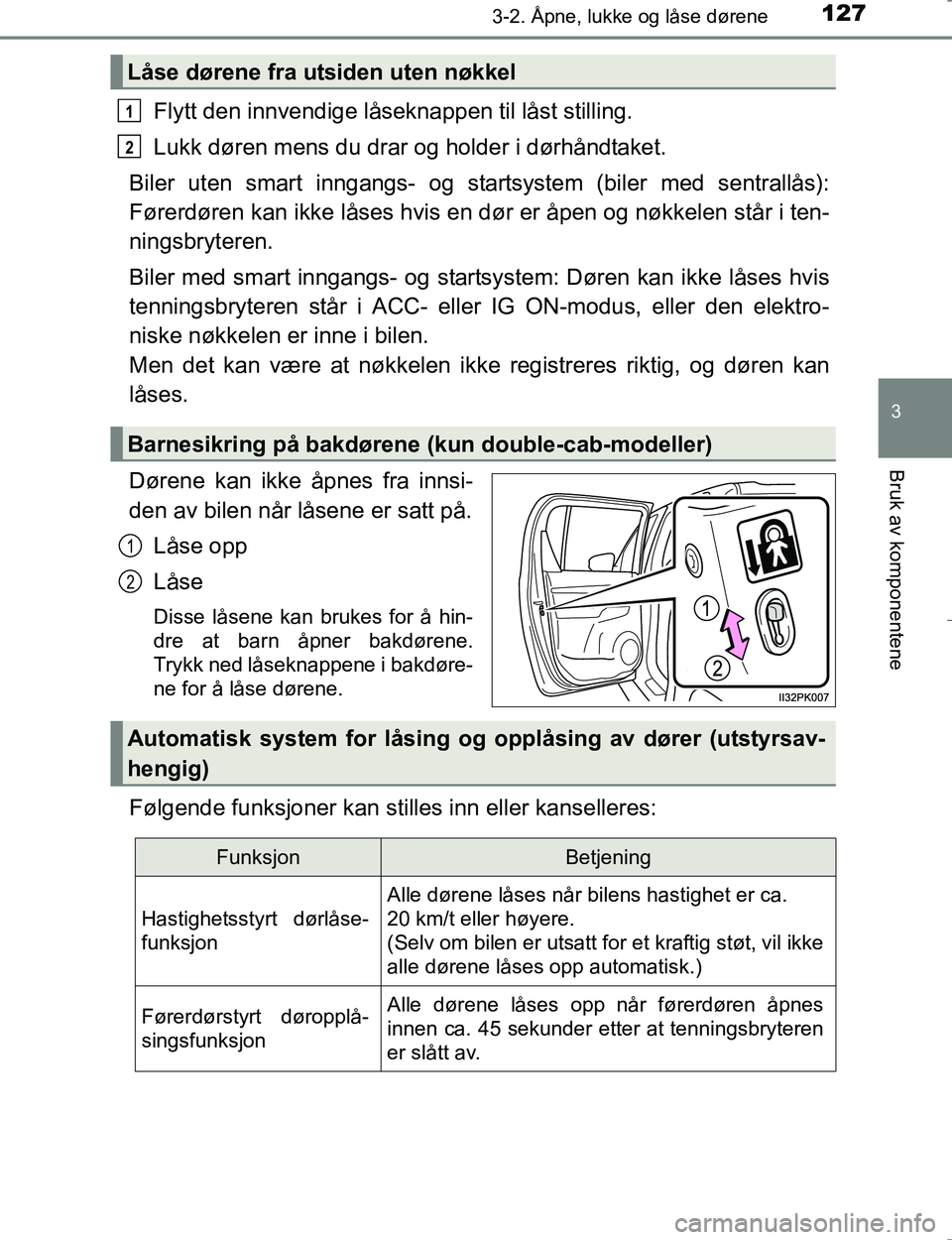 TOYOTA HILUX 2016  Instruksjoner for bruk (in Norwegian) 1273-2. Åpne, lukke og låse dørene
3
Bruk av komponentene
OM0K196E
Flytt den innvendige låseknappen til låst stilling.
Lukk døren mens du drar og holder i dørhåndtaket.
Biler uten smart inngan