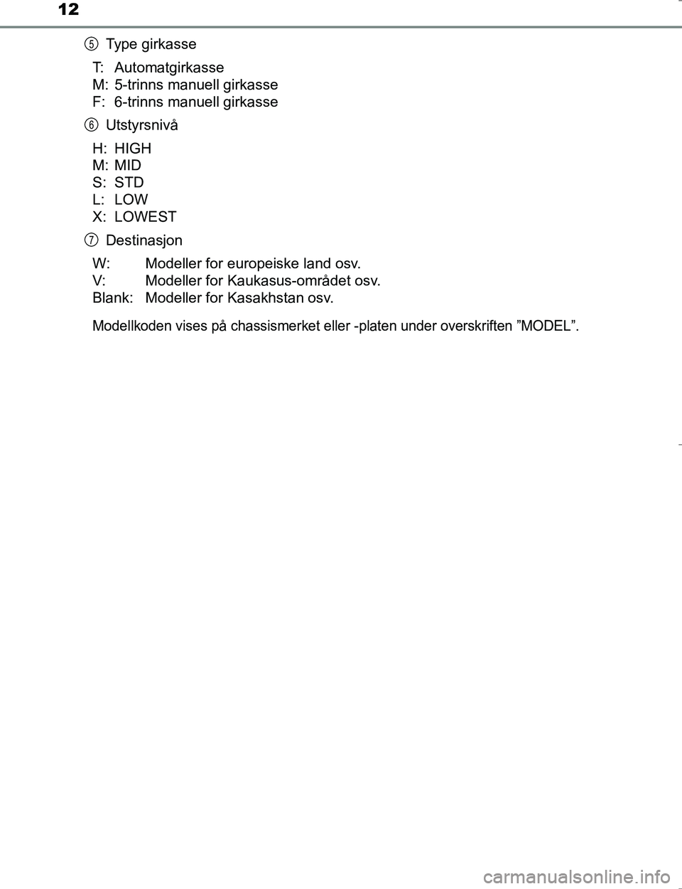 TOYOTA HILUX 2016 Instruksjoner for bruk (in Norwegian) 12
OM0K196EType girkasse
T: Automatgirkasse
M: 5-trinns manuell girkasse
F: 6-trinns manuell girkasse Utstyrsnivå
H: HIGH
M: MID
S: STD
L: LOW
X: LOWEST Destinasjon
W: Modeller for europeiske land os TOYOTA HILUX 2016 Instruksjoner for bruk (in Norwegian) 12
OM0K196EType girkasse
T: Automatgirkasse
M: 5-trinns manuell girkasse
F: 6-trinns manuell girkasse Utstyrsnivå
H: HIGH
M: MID
S: STD
L: LOW
X: LOWEST Destinasjon
W: Modeller for europeiske land os