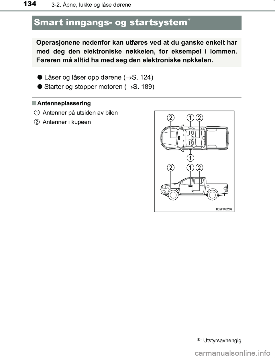 TOYOTA HILUX 2016  Instruksjoner for bruk (in Norwegian) 1343-2. Åpne, lukke og låse dørene
OM0K196E
Smart inngangs- og star tsystem
lLåser og låser opp dørene ( S. 124)
l Starter og stopper motoren ( S. 189)
nAntenneplassering
: Utstyrsav
