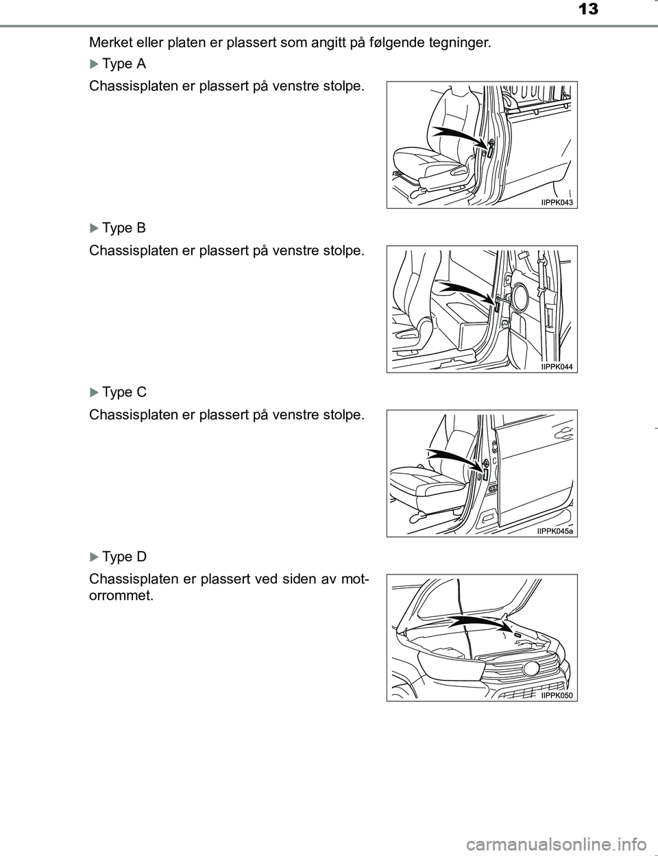 TOYOTA HILUX 2016 Instruksjoner for bruk (in Norwegian) 13
OM0K196EMerket eller platen er plassert som angitt på følgende tegninger.
Type A
Type B
Type C
Type D
Chassisplaten er plassert på venstre stolpe.
Chassisplaten er plassert på venst TOYOTA HILUX 2016 Instruksjoner for bruk (in Norwegian) 13
OM0K196EMerket eller platen er plassert som angitt på følgende tegninger.
Type A
Type B
Type C
Type D
Chassisplaten er plassert på venstre stolpe.
Chassisplaten er plassert på venst