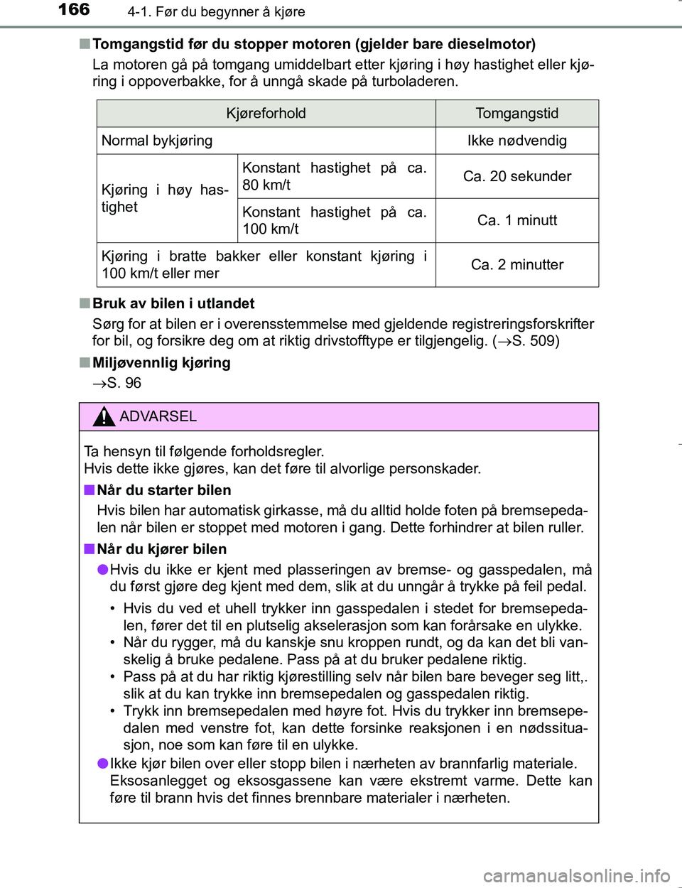 TOYOTA HILUX 2016 Instruksjoner for bruk (in Norwegian) 1664-1. Før du begynner å kjøre
OM0K196En
Tomgangstid før du stopper motore n (gjelder bare dieselmotor)
La motoren gå på tomgang umiddelbart etter kjøring i høy hastighet eller kjø-
ring i o TOYOTA HILUX 2016 Instruksjoner for bruk (in Norwegian) 1664-1. Før du begynner å kjøre
OM0K196En
Tomgangstid før du stopper motore n (gjelder bare dieselmotor)
La motoren gå på tomgang umiddelbart etter kjøring i høy hastighet eller kjø-
ring i o