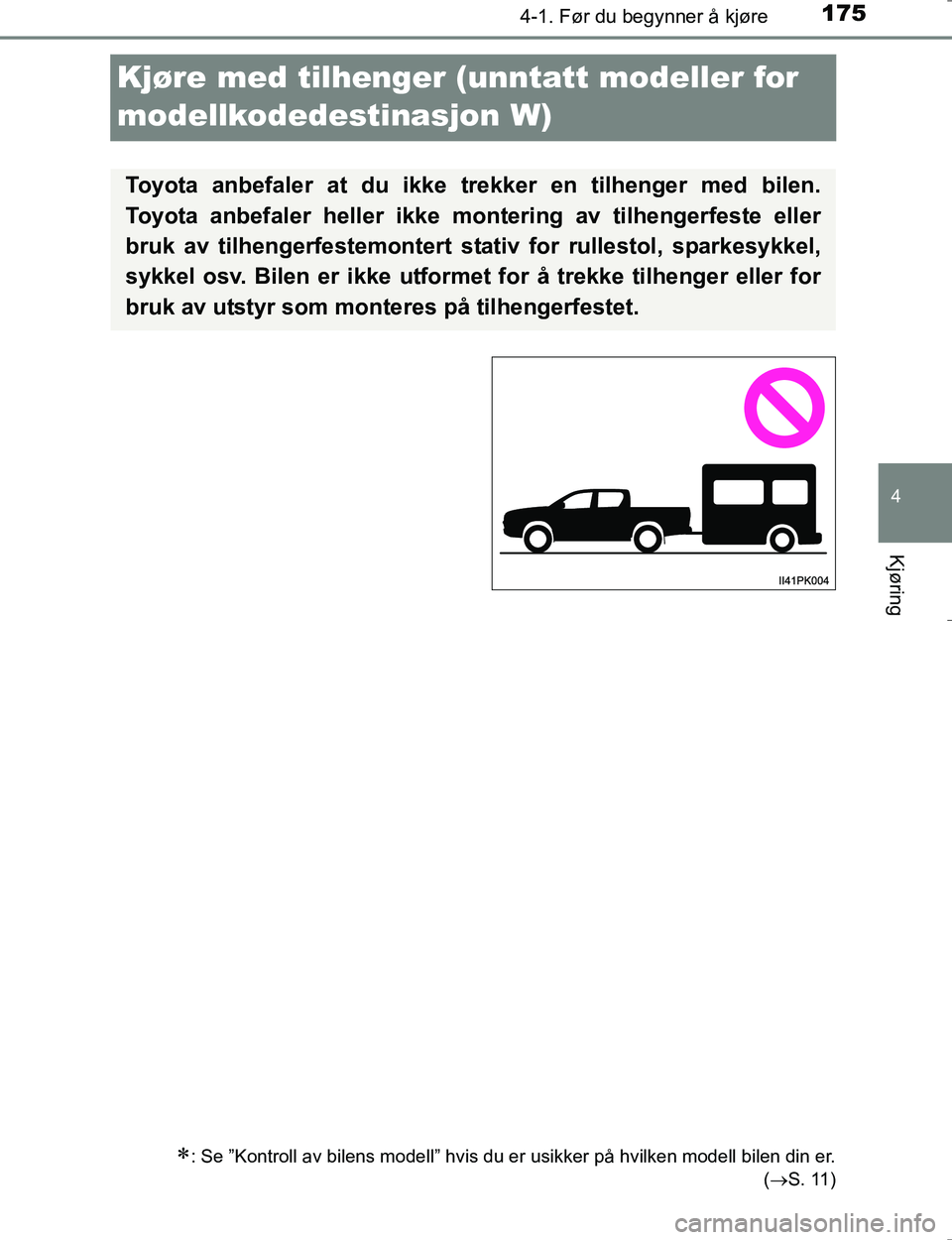 TOYOTA HILUX 2016 Instruksjoner for bruk (in Norwegian) 175
4
4-1. Før du begynner å kjøre
Kjøring
OM0K196E
Kjøre med tilhenger (unntatt modeller for
modellkodedestinasjon W)
: Se ”Kontroll av bilens modell” hvis du er usikker på hvilken mode TOYOTA HILUX 2016 Instruksjoner for bruk (in Norwegian) 175
4
4-1. Før du begynner å kjøre
Kjøring
OM0K196E
Kjøre med tilhenger (unntatt modeller for
modellkodedestinasjon W)
: Se ”Kontroll av bilens modell” hvis du er usikker på hvilken mode