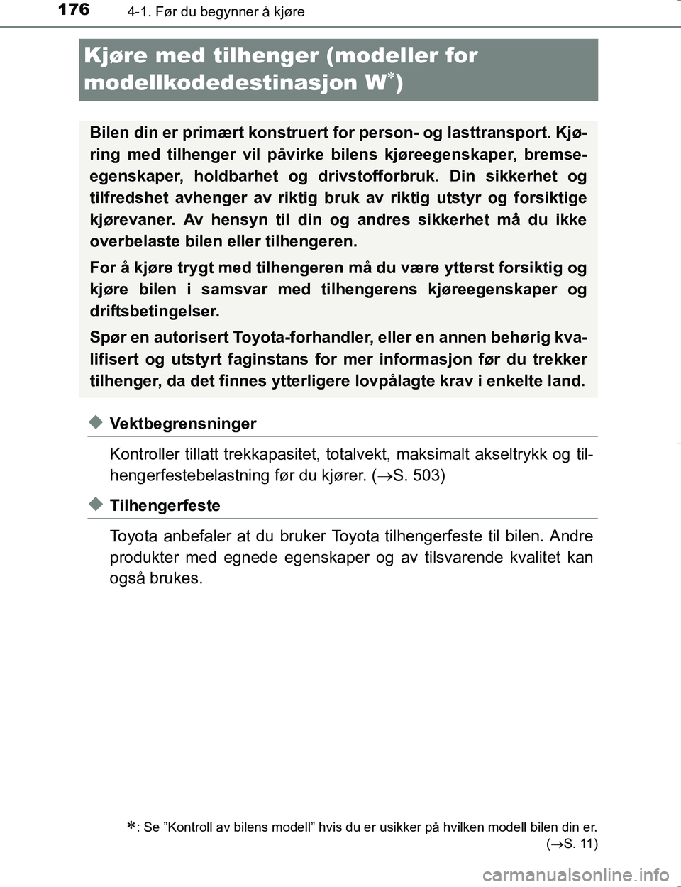 TOYOTA HILUX 2016 Instruksjoner for bruk (in Norwegian) 1764-1. Før du begynner å kjøre
OM0K196E
Kjøre med tilhenger (modeller for
modellkodedestinasjon W
)
uVektbegrensninger
Kontroller tillatt trekkapasitet, totalvekt, maksimalt akseltrykk og til TOYOTA HILUX 2016 Instruksjoner for bruk (in Norwegian) 1764-1. Før du begynner å kjøre
OM0K196E
Kjøre med tilhenger (modeller for
modellkodedestinasjon W
)
uVektbegrensninger
Kontroller tillatt trekkapasitet, totalvekt, maksimalt akseltrykk og til