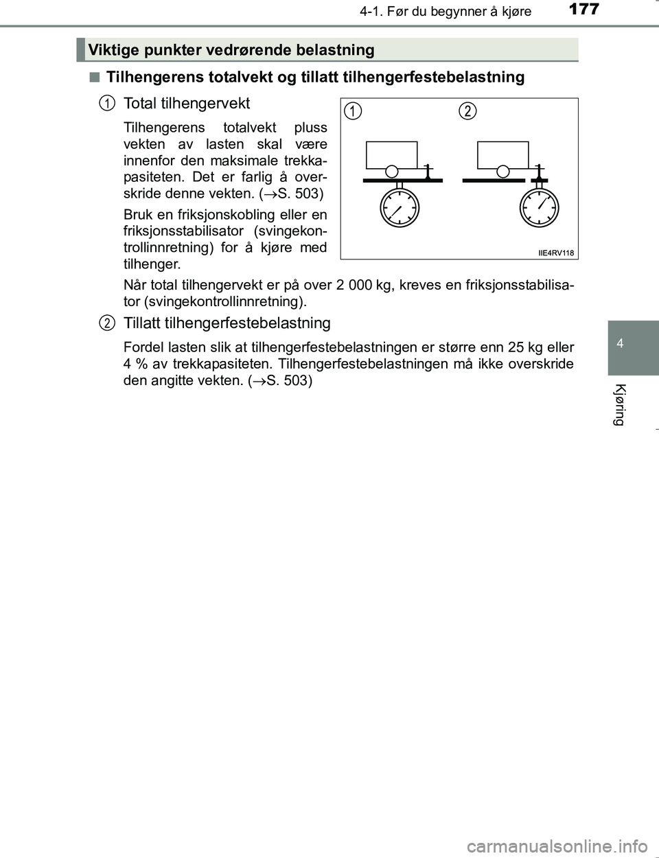 TOYOTA HILUX 2016 Instruksjoner for bruk (in Norwegian) 1774-1. Før du begynner å kjøre
4
Kjøring
OM0K196En
Tilhengerens totalvekt og tillatt tilhengerfestebelastning
Total tilhengervekt
Tilhengerens totalvekt pluss
vekten av lasten skal være
innenfor TOYOTA HILUX 2016 Instruksjoner for bruk (in Norwegian) 1774-1. Før du begynner å kjøre
4
Kjøring
OM0K196En
Tilhengerens totalvekt og tillatt tilhengerfestebelastning
Total tilhengervekt
Tilhengerens totalvekt pluss
vekten av lasten skal være
innenfor