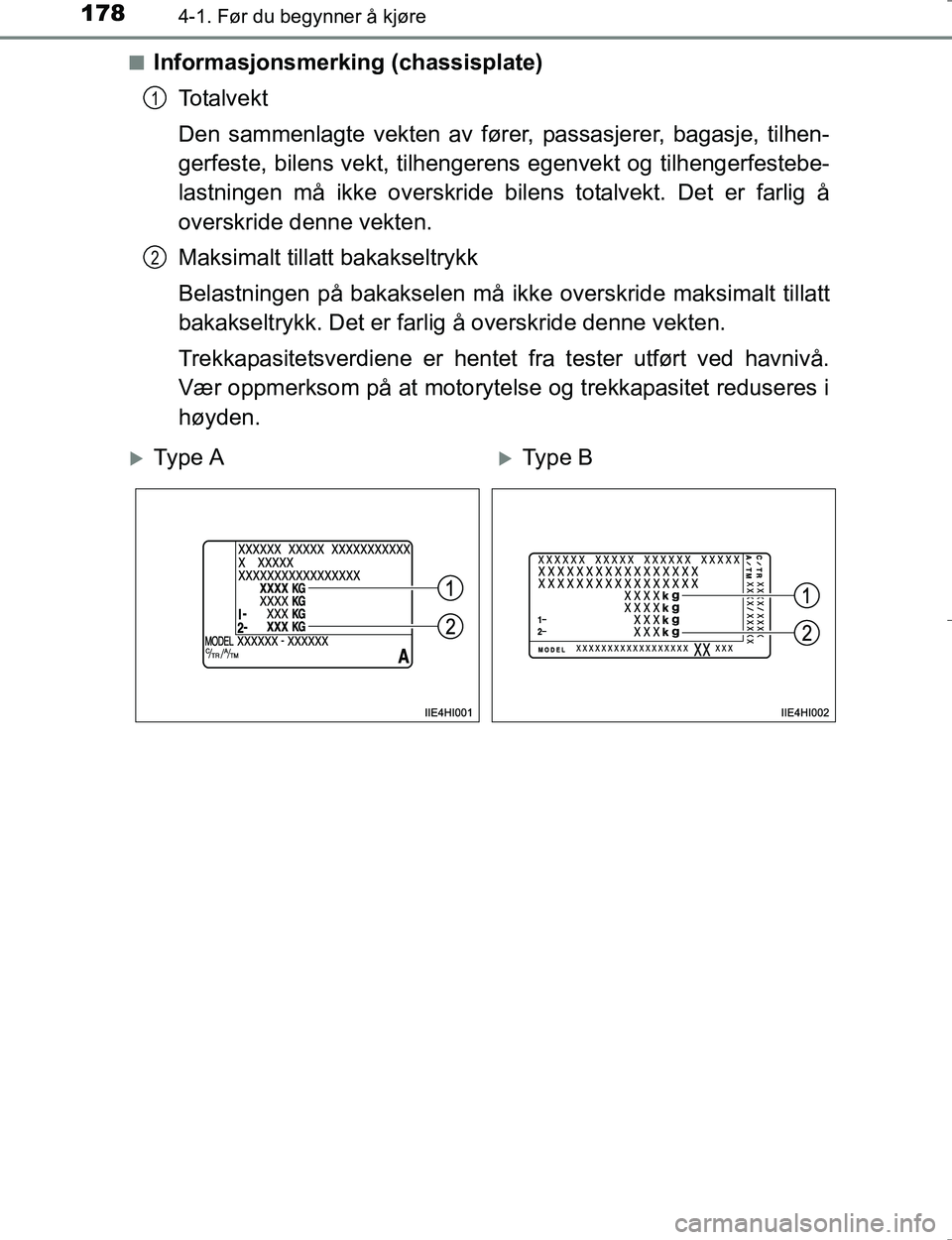 TOYOTA HILUX 2016 Instruksjoner for bruk (in Norwegian) 1784-1. Før du begynner å kjøre
OM0K196En
Informasjonsmerking (chassisplate)
To t a l v e k t
Den sammenlagte vekten av fører, passasjerer, bagasje, tilhen-
gerfeste, bilens vekt, tilhenger ens eg TOYOTA HILUX 2016 Instruksjoner for bruk (in Norwegian) 1784-1. Før du begynner å kjøre
OM0K196En
Informasjonsmerking (chassisplate)
To t a l v e k t
Den sammenlagte vekten av fører, passasjerer, bagasje, tilhen-
gerfeste, bilens vekt, tilhenger ens eg