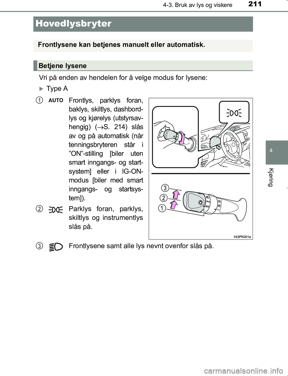 TOYOTA HILUX 2016 Instruksjoner for bruk (in Norwegian) 211
4
4-3. Bruk av lys og viskere
Kjøring
OM0K196E
Hovedlysbr yter
Vri på enden av hendelen for å velge modus for lysene:
Ty p e A
Frontlys, parklys foran,
baklys, skiltlys, dashbord-
lys og kj TOYOTA HILUX 2016 Instruksjoner for bruk (in Norwegian) 211
4
4-3. Bruk av lys og viskere
Kjøring
OM0K196E
Hovedlysbr yter
Vri på enden av hendelen for å velge modus for lysene:
Ty p e A
Frontlys, parklys foran,
baklys, skiltlys, dashbord-
lys og kj