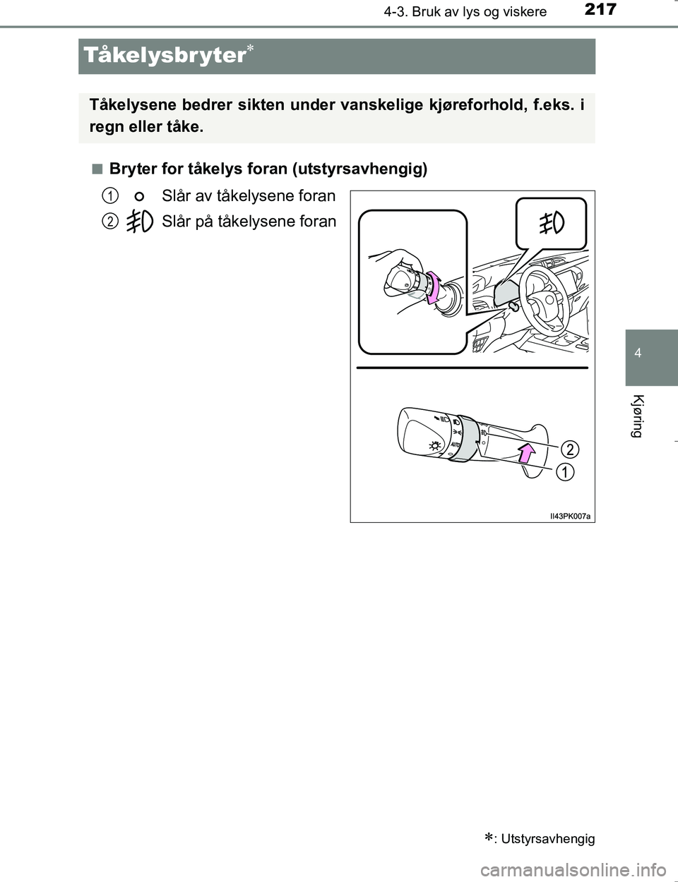TOYOTA HILUX 2016 Instruksjoner for bruk (in Norwegian) 217
4
4-3. Bruk av lys og viskere
Kjøring
OM0K196E
Tå ke l y s b r y t e r
nBryter for tåkelys foran (utstyrsavhengig)Slår av tåkelysene foran
Slår på tåkelysene foran
: Utstyrsavhengig
TOYOTA HILUX 2016 Instruksjoner for bruk (in Norwegian) 217
4
4-3. Bruk av lys og viskere
Kjøring
OM0K196E
Tå ke l y s b r y t e r
nBryter for tåkelys foran (utstyrsavhengig)Slår av tåkelysene foran
Slår på tåkelysene foran
: Utstyrsavhengig