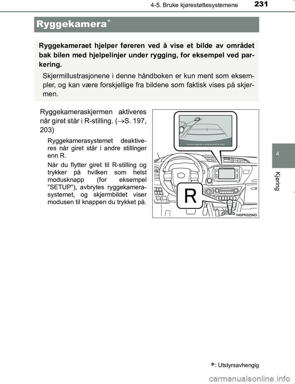 TOYOTA HILUX 2016 Instruksjoner for bruk (in Norwegian) 231
4
4-5. Bruke kjørestøttesystemene
Kjøring
OM0K196E
Ryggekamera
Ryggekameraskjermen aktiveres
når giret står i R-stilling. (S. 197,
203)
Ryggekamerasystemet deaktive-
res når giret stå TOYOTA HILUX 2016 Instruksjoner for bruk (in Norwegian) 231
4
4-5. Bruke kjørestøttesystemene
Kjøring
OM0K196E
Ryggekamera
Ryggekameraskjermen aktiveres
når giret står i R-stilling. (S. 197,
203)
Ryggekamerasystemet deaktive-
res når giret stå