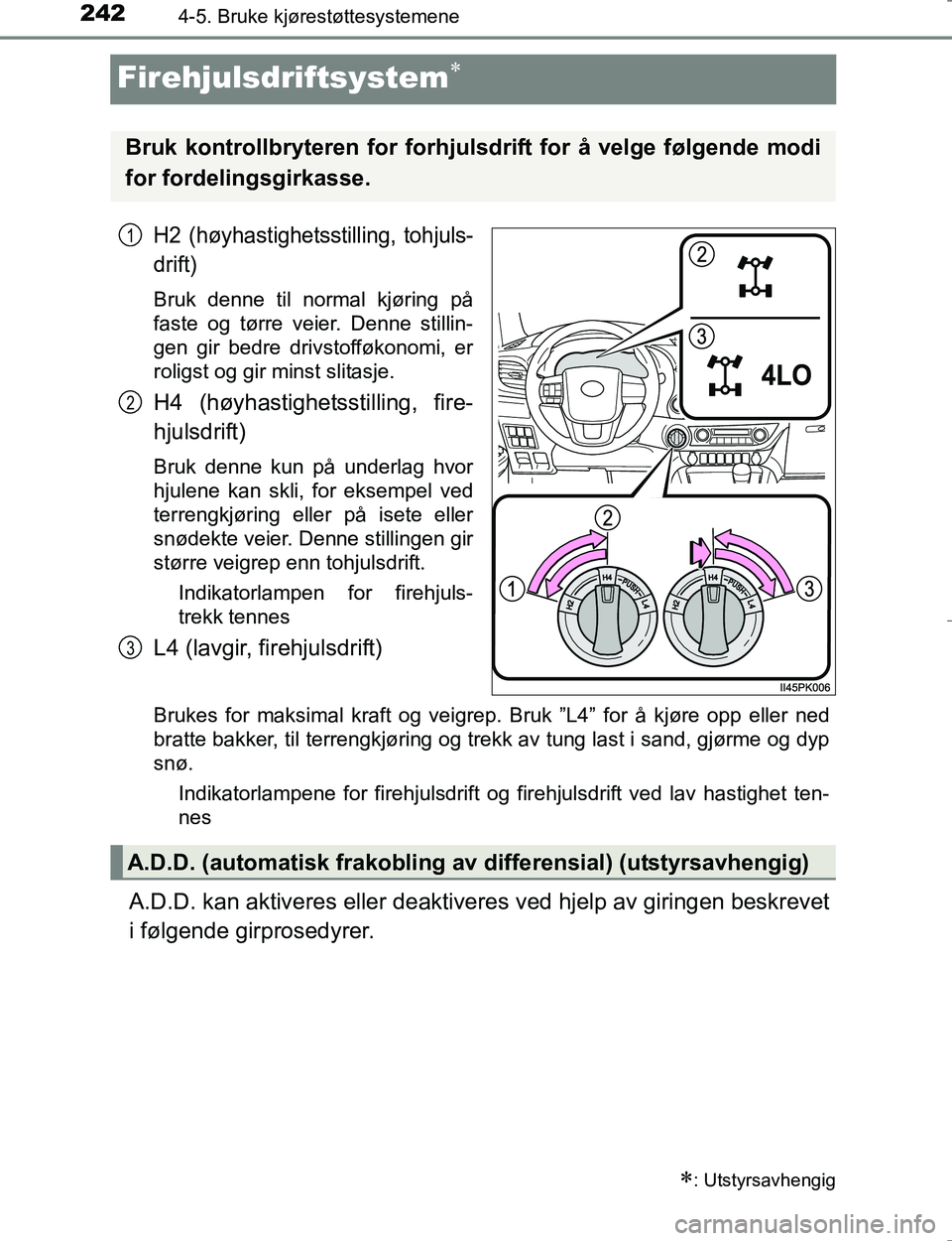 TOYOTA HILUX 2016 Instruksjoner for bruk (in Norwegian) 2424-5. Bruke kjørestøttesystemene
OM0K196E
Firehjulsdriftsystem
H2 (høyhastighetsstilling, tohjuls-
drift)
Bruk denne til normal kjøring på
faste og tørre veier. Denne stillin-
gen gir bedre TOYOTA HILUX 2016 Instruksjoner for bruk (in Norwegian) 2424-5. Bruke kjørestøttesystemene
OM0K196E
Firehjulsdriftsystem
H2 (høyhastighetsstilling, tohjuls-
drift)
Bruk denne til normal kjøring på
faste og tørre veier. Denne stillin-
gen gir bedre