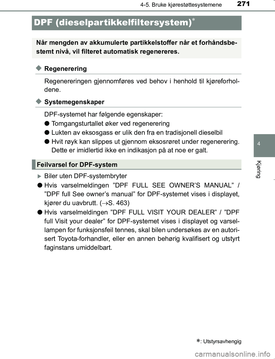 TOYOTA HILUX 2016 Instruksjoner for bruk (in Norwegian) 271
4
4-5. Bruke kjørestøttesystemene
Kjøring
OM0K196E
DPF (dieselpartikkelfiltersystem)
uRegenerering
Regenereringen gjennomføres ved behov i henhold til kjøreforhol-
dene.
uSystemegenskaper
TOYOTA HILUX 2016 Instruksjoner for bruk (in Norwegian) 271
4
4-5. Bruke kjørestøttesystemene
Kjøring
OM0K196E
DPF (dieselpartikkelfiltersystem)
uRegenerering
Regenereringen gjennomføres ved behov i henhold til kjøreforhol-
dene.
uSystemegenskaper
