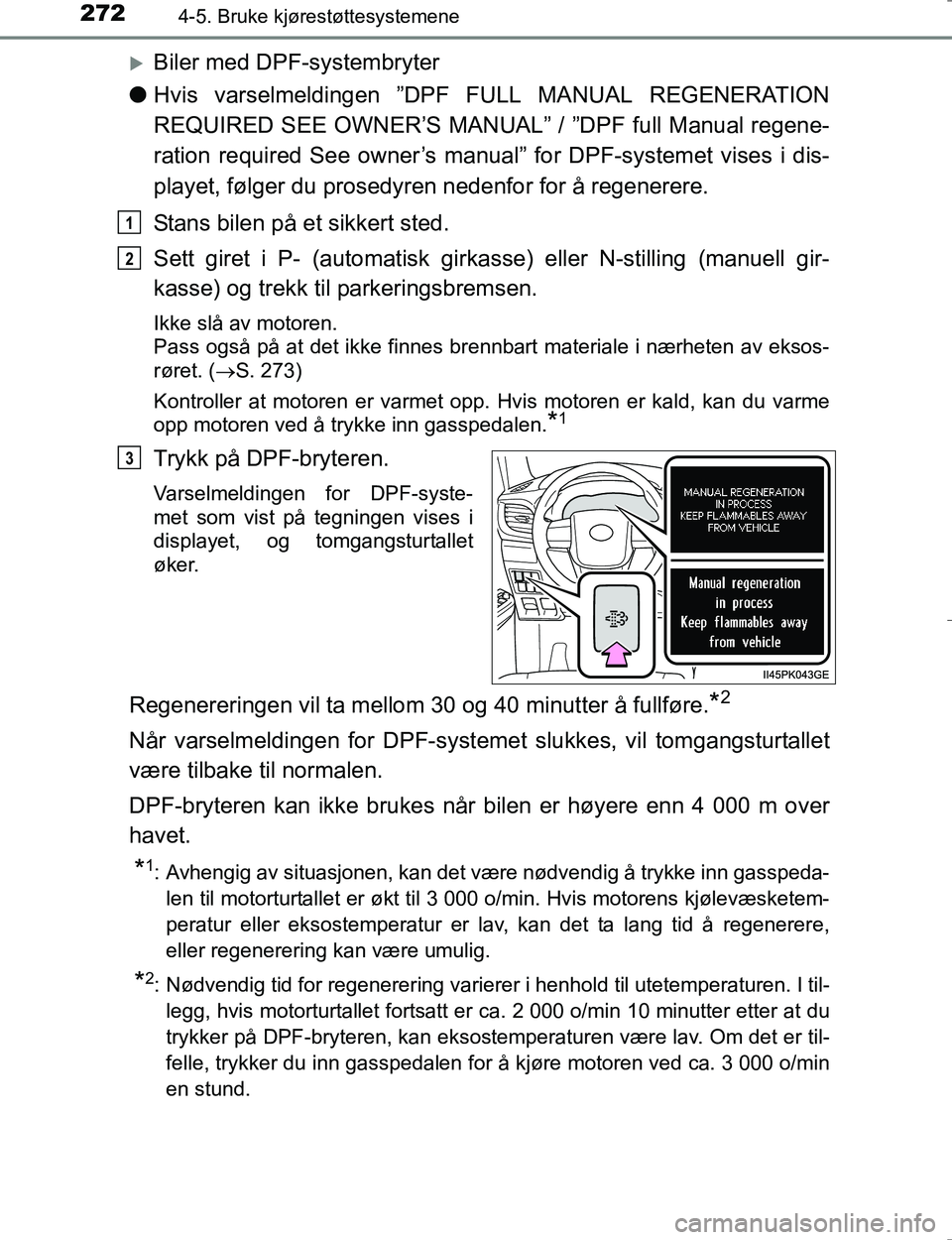 TOYOTA HILUX 2016 Instruksjoner for bruk (in Norwegian) 2724-5. Bruke kjørestøttesystemene
OM0K196E
Biler med DPF-systembryter
l Hvis varselmeldingen ”DPF FULL MANUAL REGENERATION
REQUIRED SEE OWNER’S MANUAL” / ”DPF full Manual regene-
ration TOYOTA HILUX 2016 Instruksjoner for bruk (in Norwegian) 2724-5. Bruke kjørestøttesystemene
OM0K196E
Biler med DPF-systembryter
l Hvis varselmeldingen ”DPF FULL MANUAL REGENERATION
REQUIRED SEE OWNER’S MANUAL” / ”DPF full Manual regene-
ration