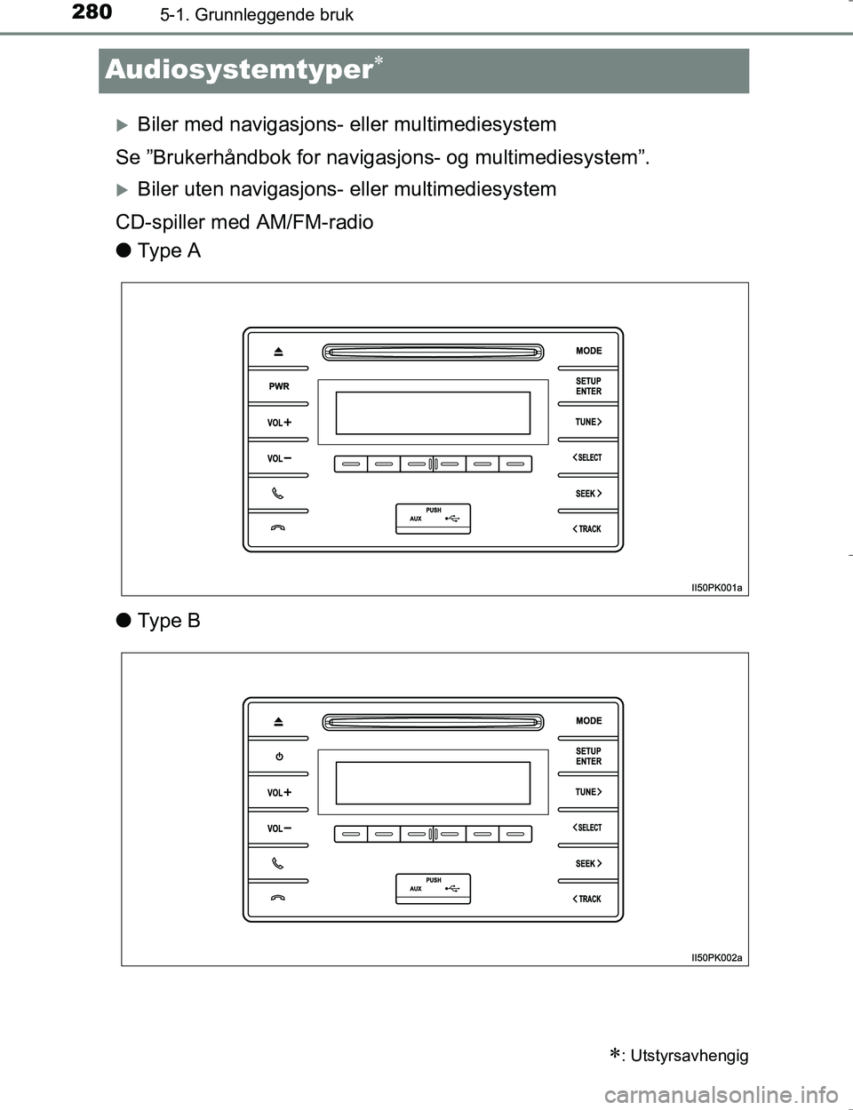 TOYOTA HILUX 2016 Instruksjoner for bruk (in Norwegian) 2805-1. Grunnleggende bruk
OM0K196E
Audiosystemtyper
Biler med navigasjons- eller multimediesystem
Se ”Brukerhåndbok for naviga sjons- og multimediesystem”.
Biler uten navigasjons- eller TOYOTA HILUX 2016 Instruksjoner for bruk (in Norwegian) 2805-1. Grunnleggende bruk
OM0K196E
Audiosystemtyper
Biler med navigasjons- eller multimediesystem
Se ”Brukerhåndbok for naviga sjons- og multimediesystem”.
Biler uten navigasjons- eller