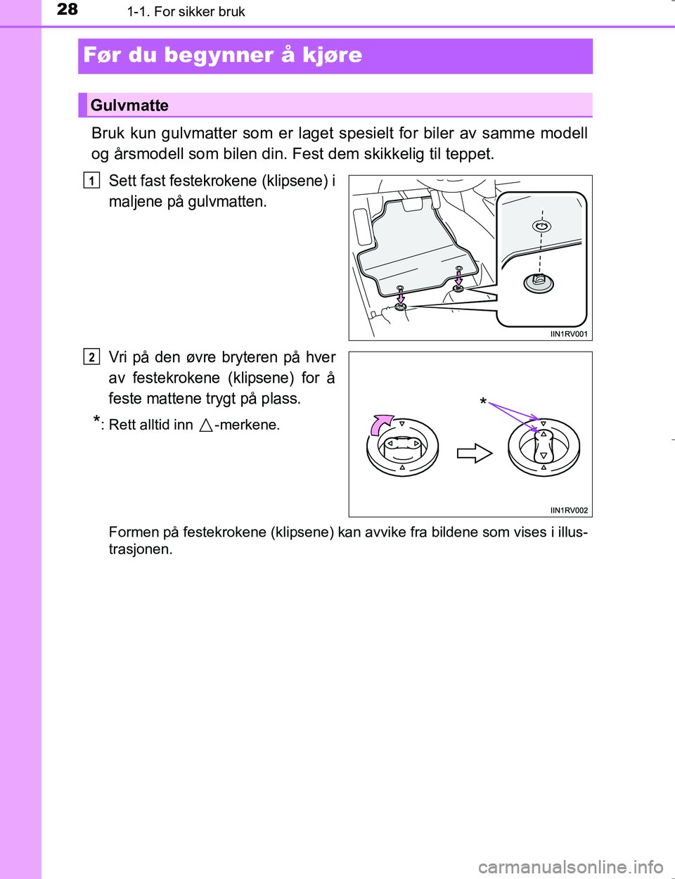 TOYOTA HILUX 2016 Instruksjoner for bruk (in Norwegian) 281-1. For sikker bruk
OM0K196E
Før du begynner å kjøre
Bruk kun gulvmatter som er laget spesielt for biler av samme modell
og årsmodell som bilen din. Fest dem skikkelig til teppet.
Sett fast fes TOYOTA HILUX 2016 Instruksjoner for bruk (in Norwegian) 281-1. For sikker bruk
OM0K196E
Før du begynner å kjøre
Bruk kun gulvmatter som er laget spesielt for biler av samme modell
og årsmodell som bilen din. Fest dem skikkelig til teppet.
Sett fast fes