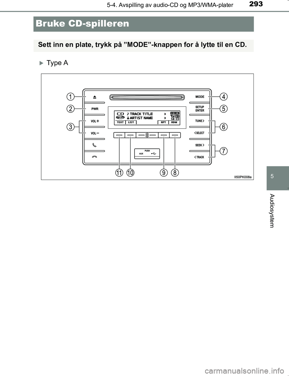 TOYOTA HILUX 2016 Instruksjoner for bruk (in Norwegian) 293
5
5-4. Avspilling av audio-CD og MP3/WMA-plater
Audiosystem
OM0K196E
Bruke CD-spilleren
Ty p e A
Sett inn en plate, trykk på ”MODE”-knappen for å lytte til en CD.
OM0K196NO_Hilux.book P TOYOTA HILUX 2016 Instruksjoner for bruk (in Norwegian) 293
5
5-4. Avspilling av audio-CD og MP3/WMA-plater
Audiosystem
OM0K196E
Bruke CD-spilleren
Ty p e A
Sett inn en plate, trykk på ”MODE”-knappen for å lytte til en CD.
OM0K196NO_Hilux.book P