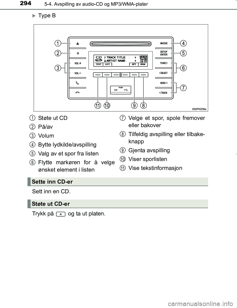 TOYOTA HILUX 2016 Instruksjoner for bruk (in Norwegian) 2945-4. Avspilling av audio-CD og MP3/WMA-plater
OM0K196E
Ty p e B
Sett inn en CD.
Trykk på og ta ut platen.
Støte ut CD
På/av
Vo l u m
Bytte lydkilde/avspilling
Valg av et spor fra listen
Fl TOYOTA HILUX 2016 Instruksjoner for bruk (in Norwegian) 2945-4. Avspilling av audio-CD og MP3/WMA-plater
OM0K196E
Ty p e B
Sett inn en CD.
Trykk på og ta ut platen.
Støte ut CD
På/av
Vo l u m
Bytte lydkilde/avspilling
Valg av et spor fra listen
Fl