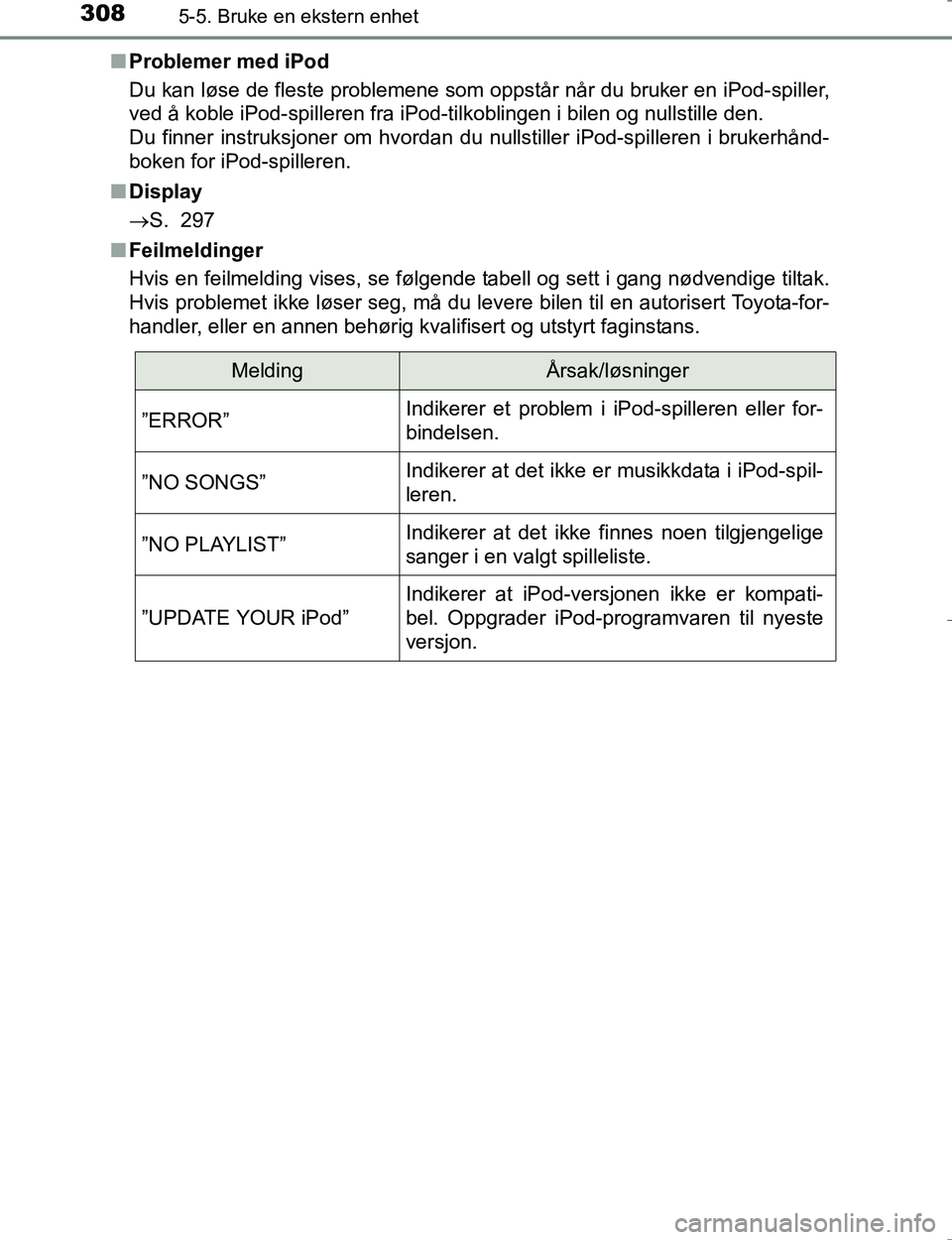 TOYOTA HILUX 2016 Instruksjoner for bruk (in Norwegian) 3085-5. Bruke en ekstern enhet
OM0K196En
Problemer med iPod
Du kan løse de fleste problemene som oppstår når du bruker en iPod-spiller,
ved å koble iPod-spilleren fra iPod-tilkoblingen i bilen og TOYOTA HILUX 2016 Instruksjoner for bruk (in Norwegian) 3085-5. Bruke en ekstern enhet
OM0K196En
Problemer med iPod
Du kan løse de fleste problemene som oppstår når du bruker en iPod-spiller,
ved å koble iPod-spilleren fra iPod-tilkoblingen i bilen og