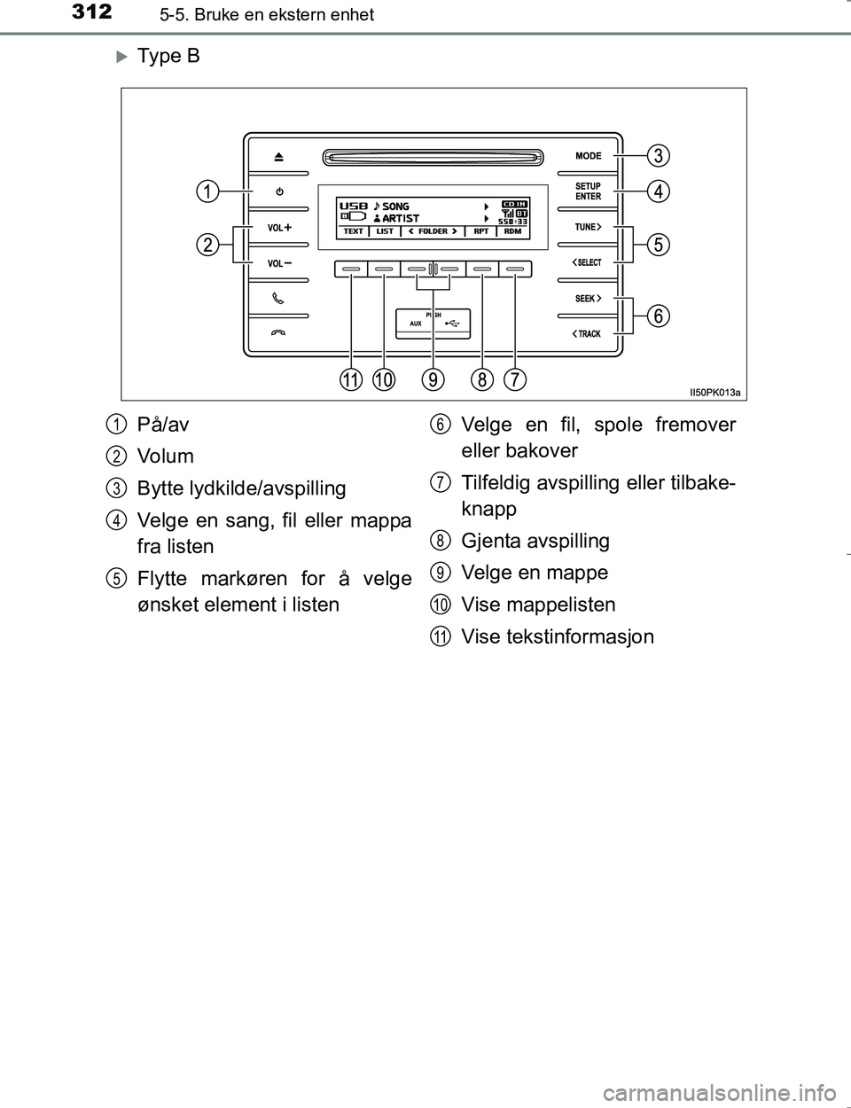 TOYOTA HILUX 2016 Instruksjoner for bruk (in Norwegian) 3125-5. Bruke en ekstern enhet
OM0K196E
Ty p e B
På/av
Vo l u m
Bytte lydkilde/avspilling
Velge en sang, fil eller mappa
fra listen
Flytte markøren for å velge
ønsket element i listenVelge en TOYOTA HILUX 2016 Instruksjoner for bruk (in Norwegian) 3125-5. Bruke en ekstern enhet
OM0K196E
Ty p e B
På/av
Vo l u m
Bytte lydkilde/avspilling
Velge en sang, fil eller mappa
fra listen
Flytte markøren for å velge
ønsket element i listenVelge en