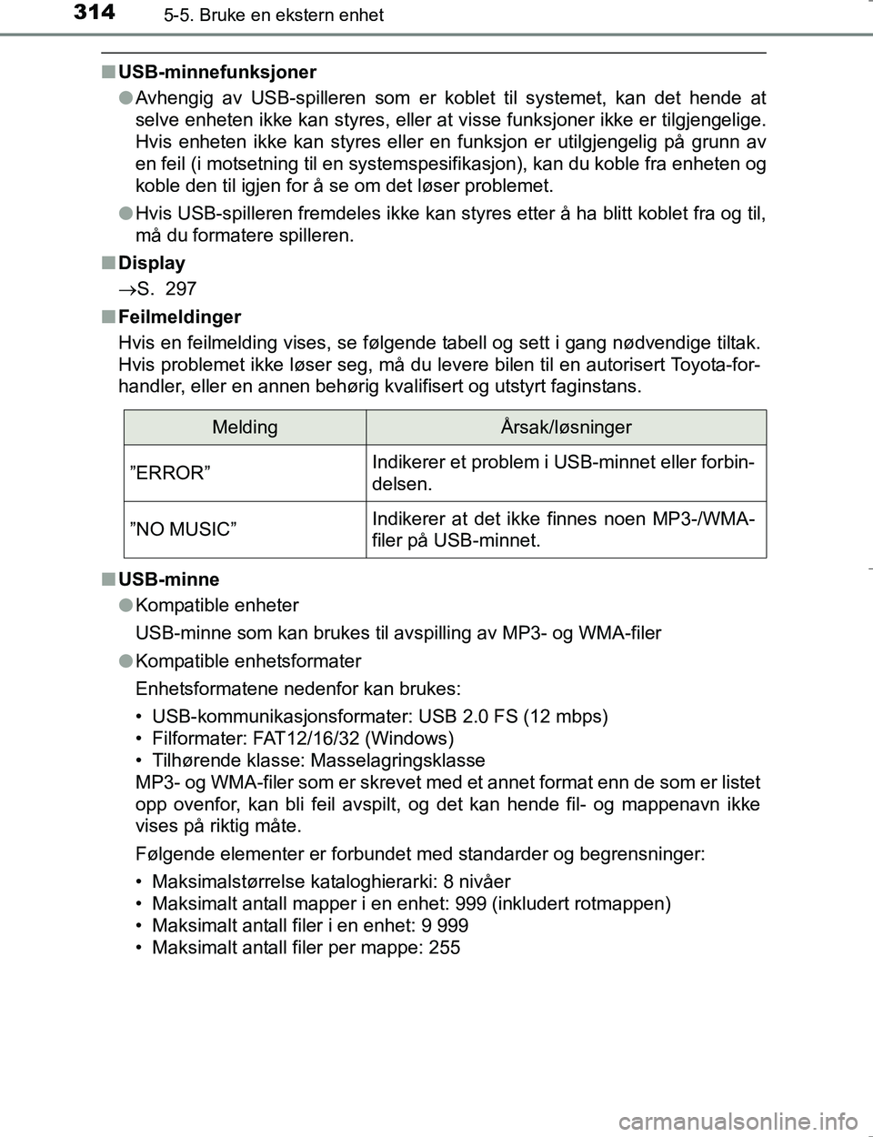 TOYOTA HILUX 2016 Instruksjoner for bruk (in Norwegian) 3145-5. Bruke en ekstern enhet
OM0K196E
nUSB-minnefunksjoner
lAvhengig av USB-spilleren som er koblet til systemet, kan det hende at
selve enheten ikke kan styres, eller at visse funksjoner ikke er ti TOYOTA HILUX 2016 Instruksjoner for bruk (in Norwegian) 3145-5. Bruke en ekstern enhet
OM0K196E
nUSB-minnefunksjoner
lAvhengig av USB-spilleren som er koblet til systemet, kan det hende at
selve enheten ikke kan styres, eller at visse funksjoner ikke er ti