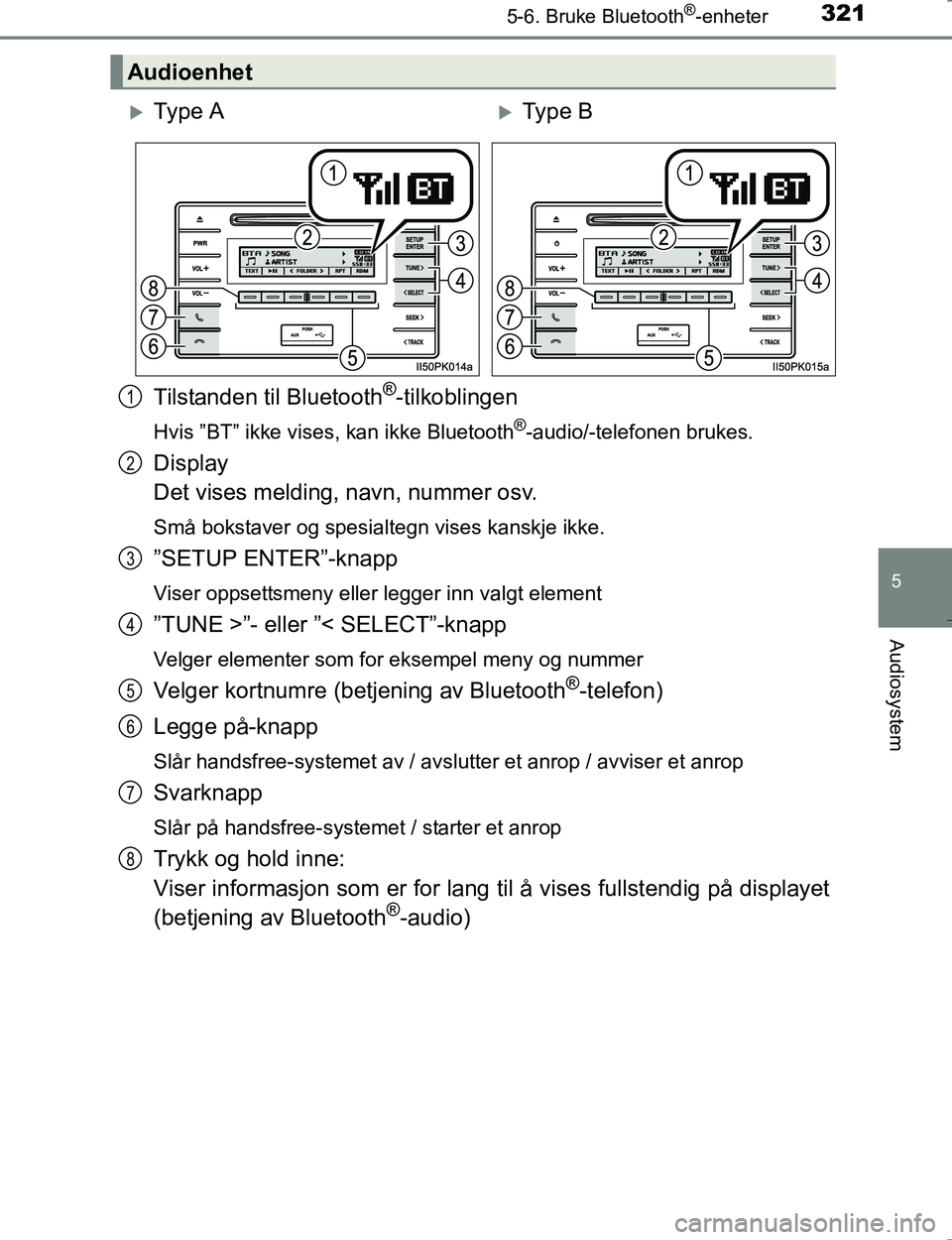 TOYOTA HILUX 2016  Instruksjoner for bruk (in Norwegian) 3215-6. Bruke Bluetooth®-enheter
5
Audiosystem
OM0K196E
Tilstanden til Bluetooth®-tilkoblingen
Hvis ”BT” ikke vises, kan ikke Bluetooth®-audio/-telefonen brukes.
Display 
Det vises melding, nav